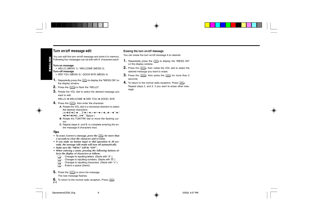 Blaupunkt CD33 Turn on/off message edit, Turn-on message, Turn-off message, Erasing the turn on/off message 