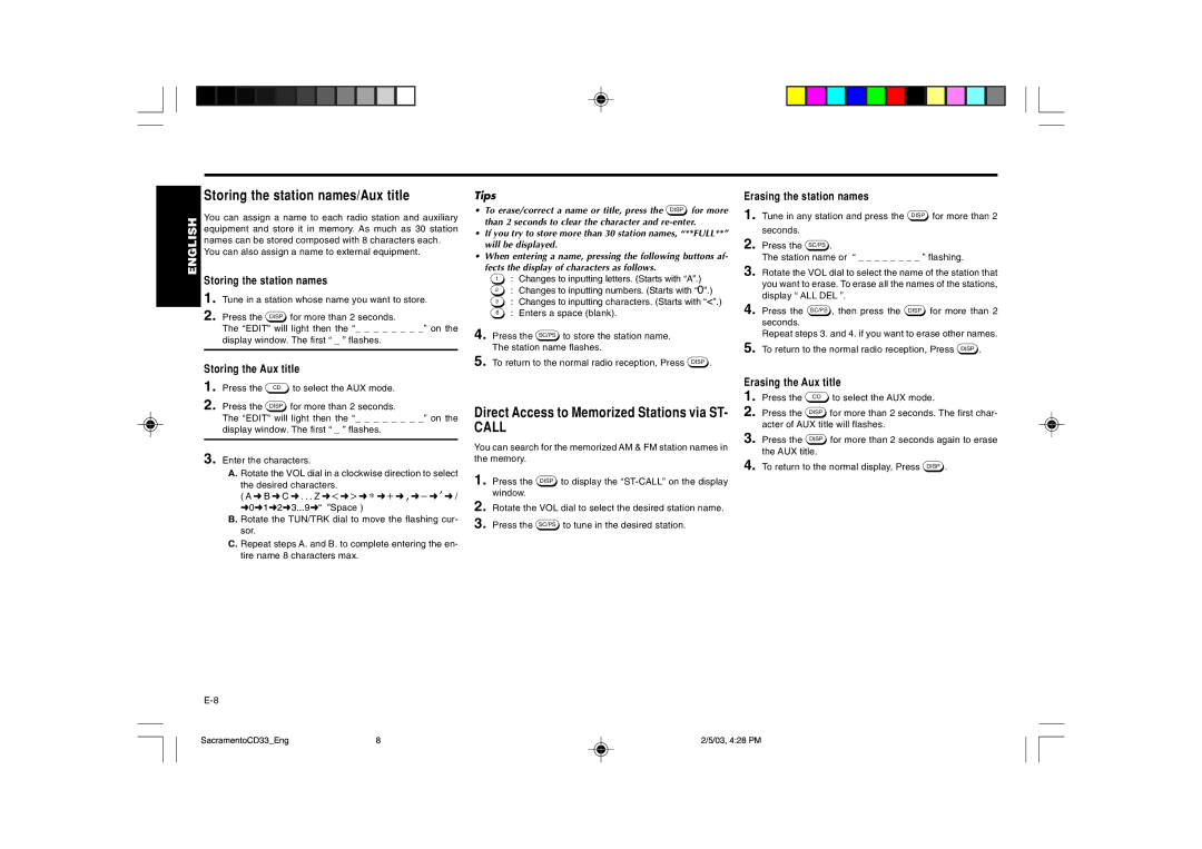 Blaupunkt CD33 installation instructions Storing the station names/Aux title, Direct Access to Memorized Stations via ST 