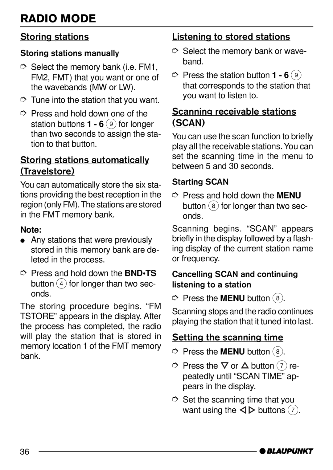 Blaupunkt CD34 7 644 191 310 Storing stations automatically Travelstore, Listening to stored stations 