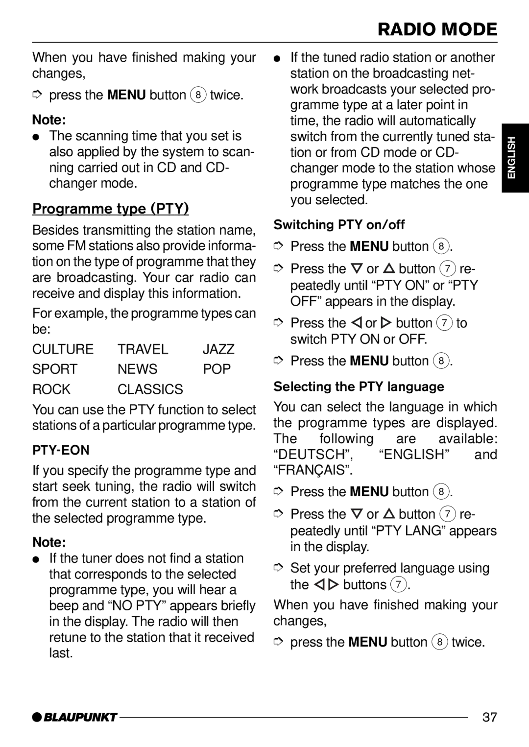 Blaupunkt CD34 7 644 176 310, CD34 7 644 191 310 operating instructions Programme type PTY, Pty-Eon 