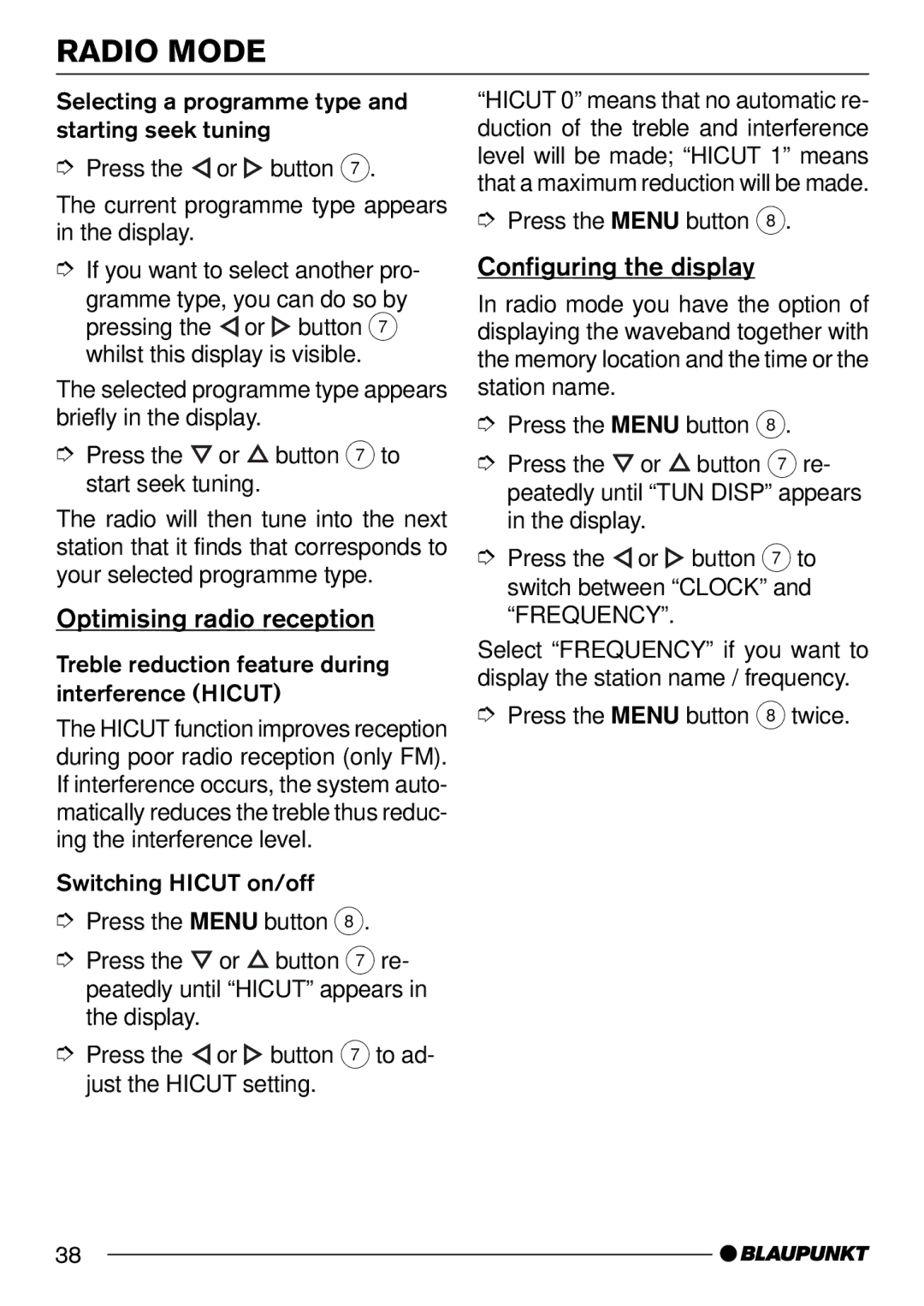 Blaupunkt CD34 7 644 191 310, CD34 7 644 176 310 operating instructions Optimising radio reception, Configuring the display 