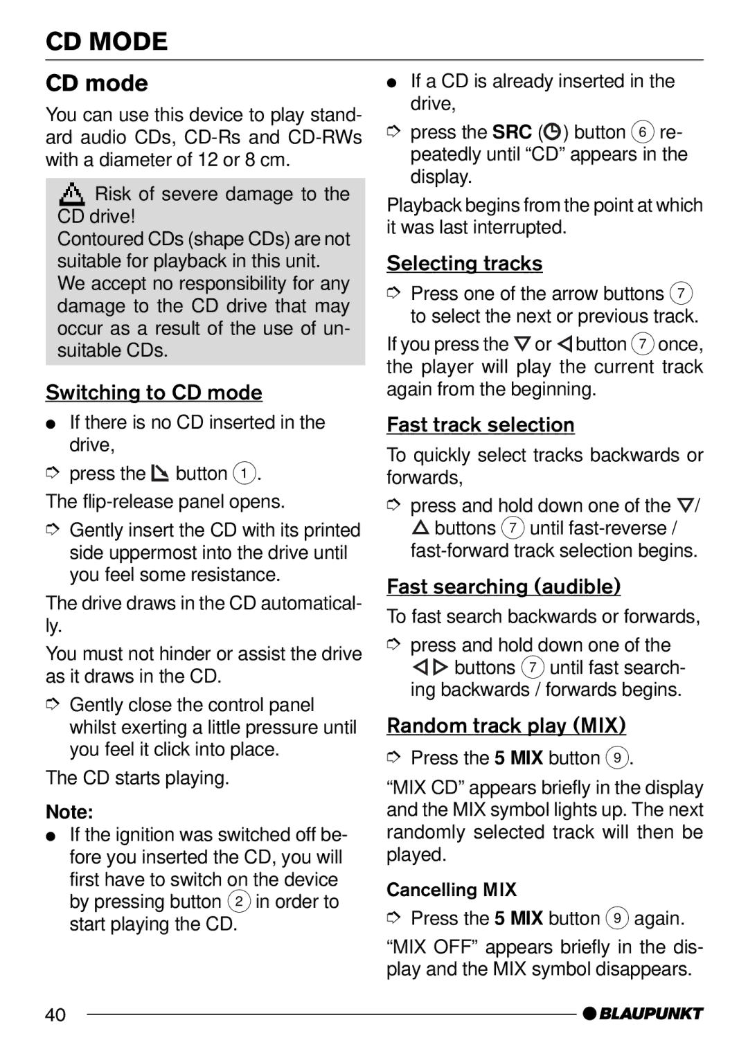 Blaupunkt CD34 7 644 191 310, CD34 7 644 176 310 operating instructions CD Mode, CD mode 