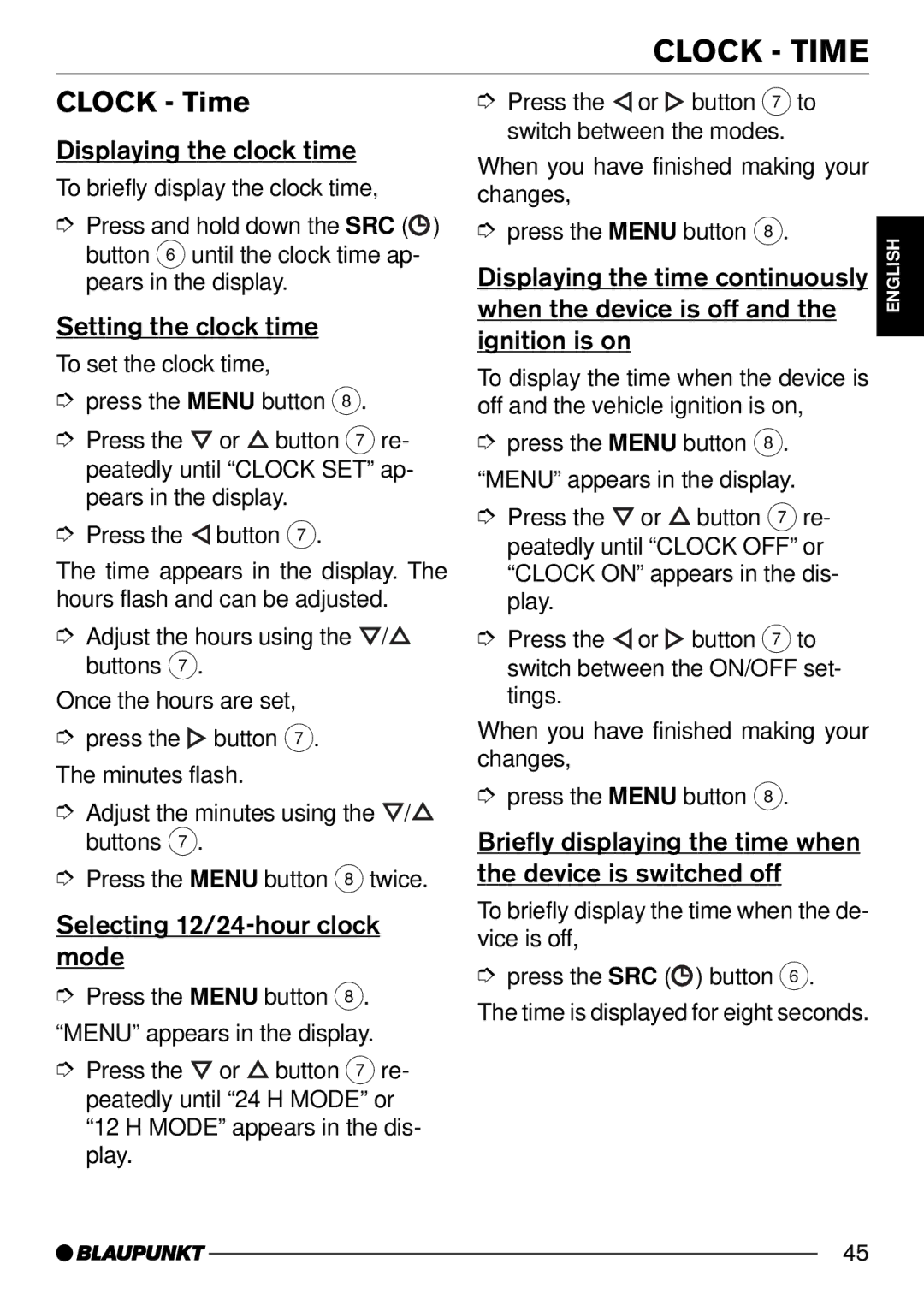 Blaupunkt CD34 7 644 176 310, CD34 7 644 191 310 operating instructions Clock Time 