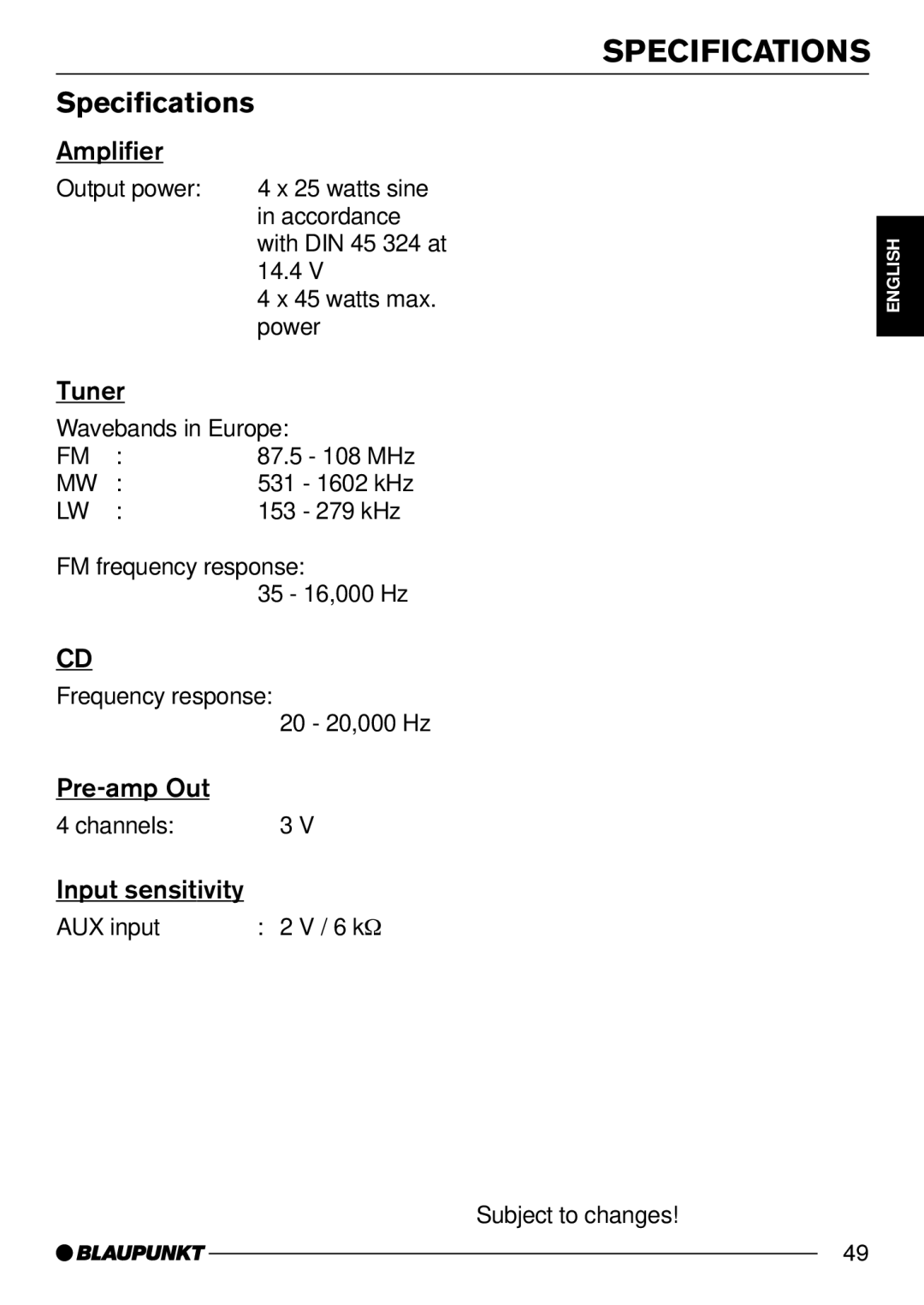 Blaupunkt CD34 7 644 176 310, CD34 7 644 191 310 operating instructions Specifications 