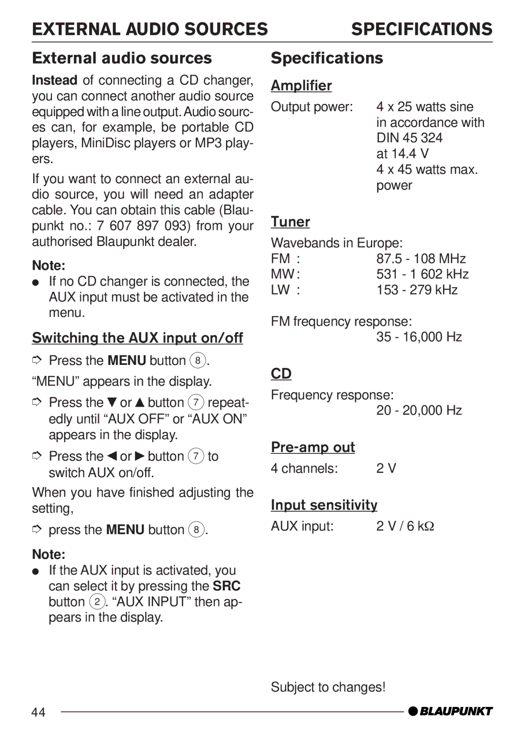 Blaupunkt CD35 7 645 060 510, CD35 7 645 050 510 operating instructions External audio sources Specifications 