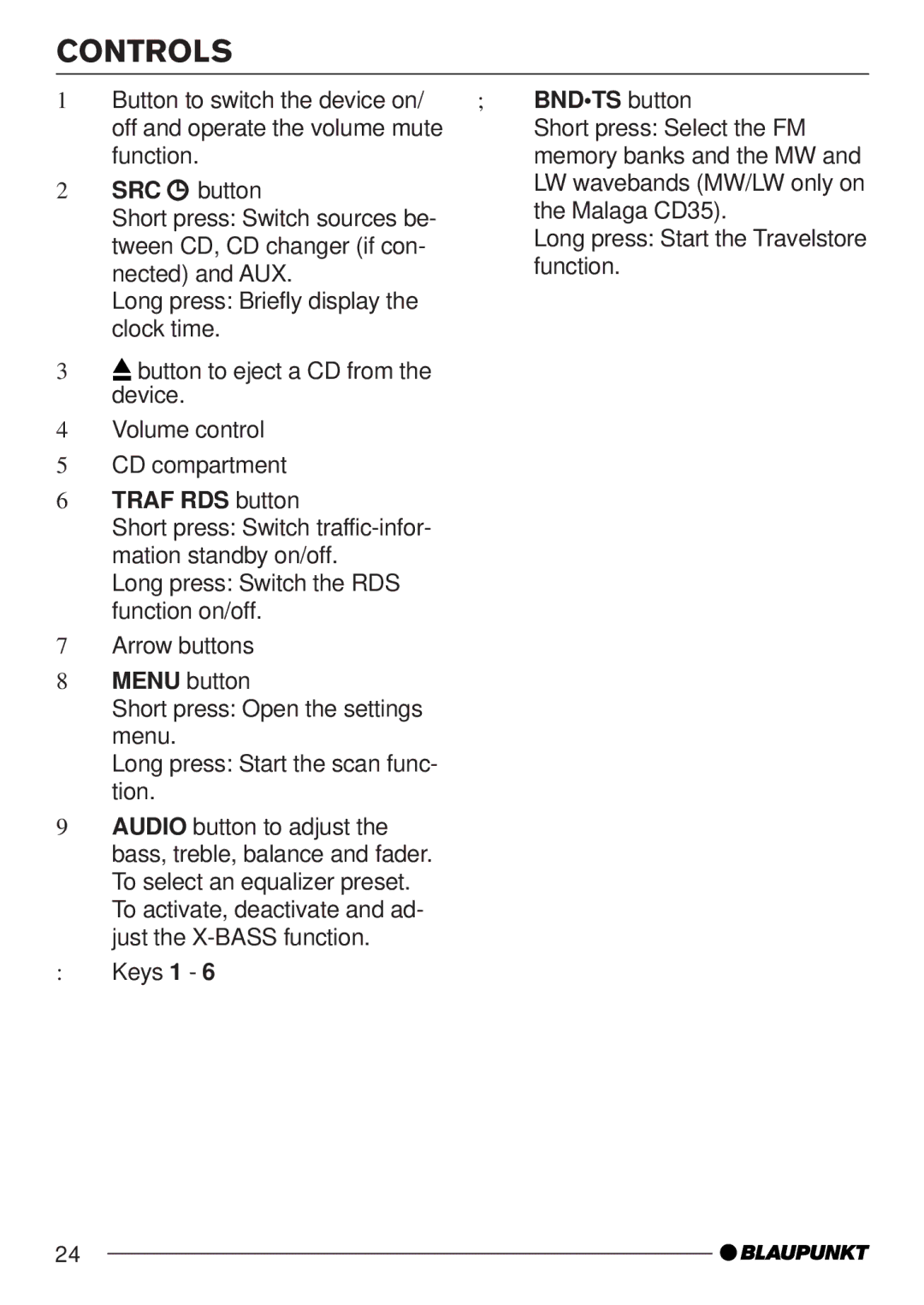 Blaupunkt CD35 7 645 060 510, CD35 7 645 050 510 operating instructions Controls, Traf RDS button 