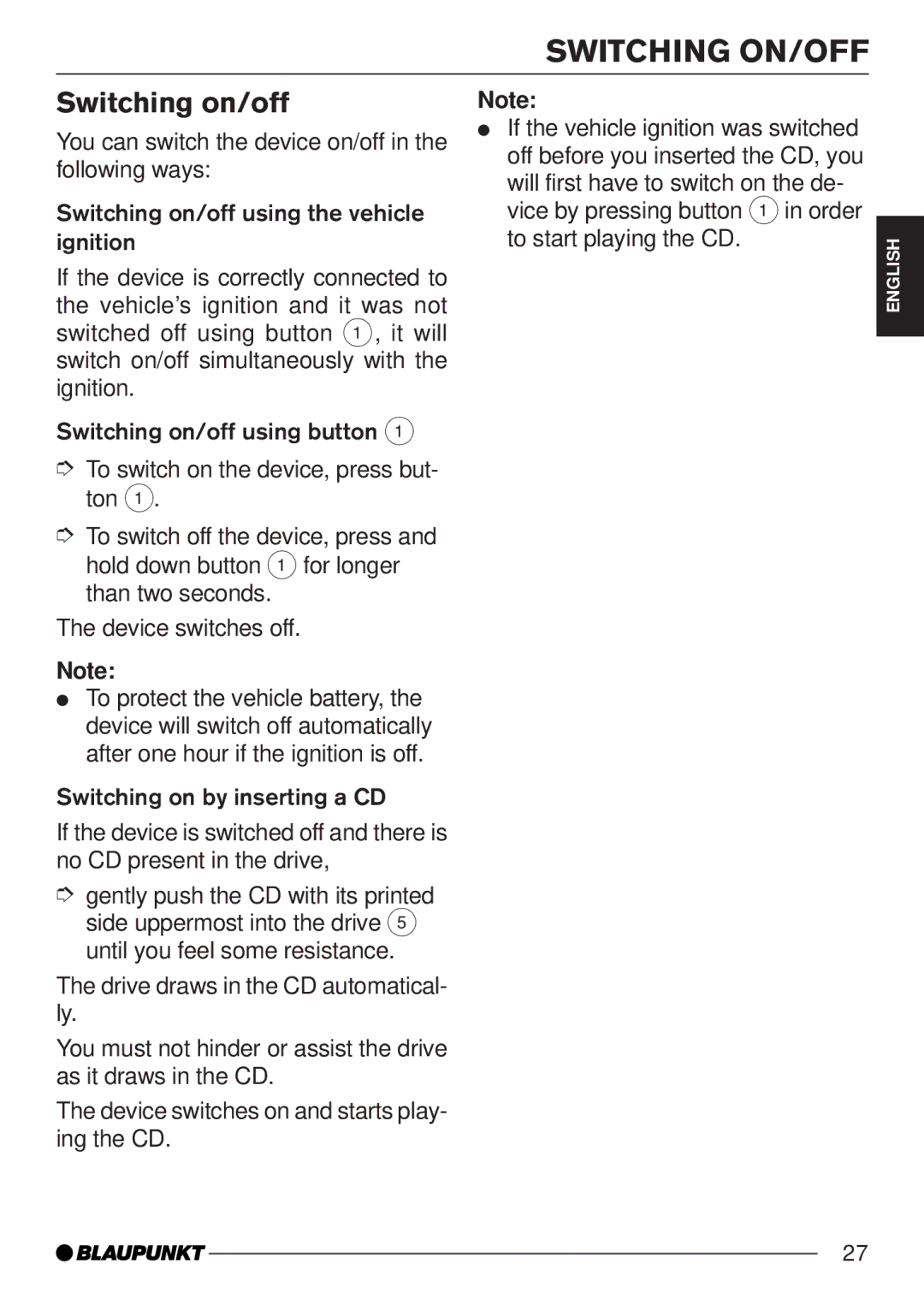 Blaupunkt CD35 7 645 050 510, CD35 7 645 060 510 operating instructions Switching ON/OFF, Switching on/off 