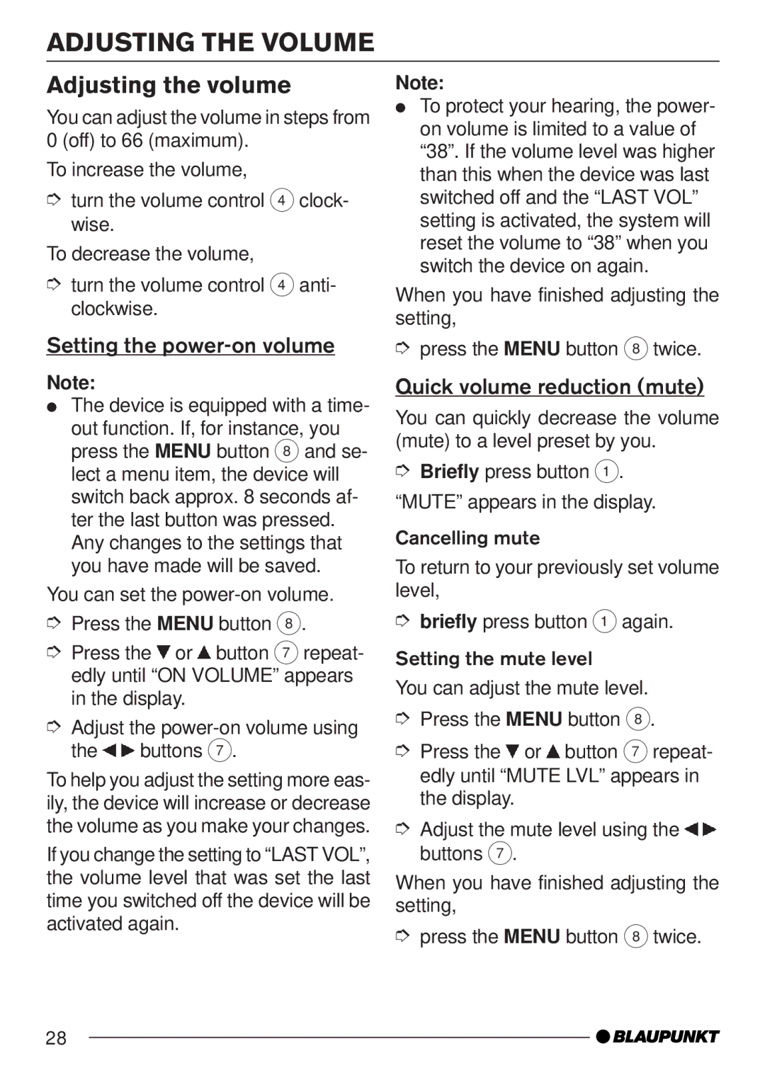 Blaupunkt CD35 7 645 060 510, CD35 7 645 050 510 Adjusting the Volume, Adjusting the volume, Setting the power-on volume 