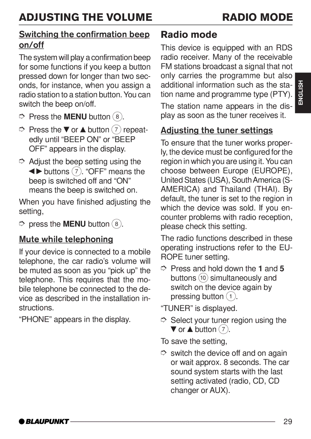 Blaupunkt CD35 7 645 050 510 Adjusting the Volume Radio Mode, Radio mode, Switching the confirmation beep on/off 