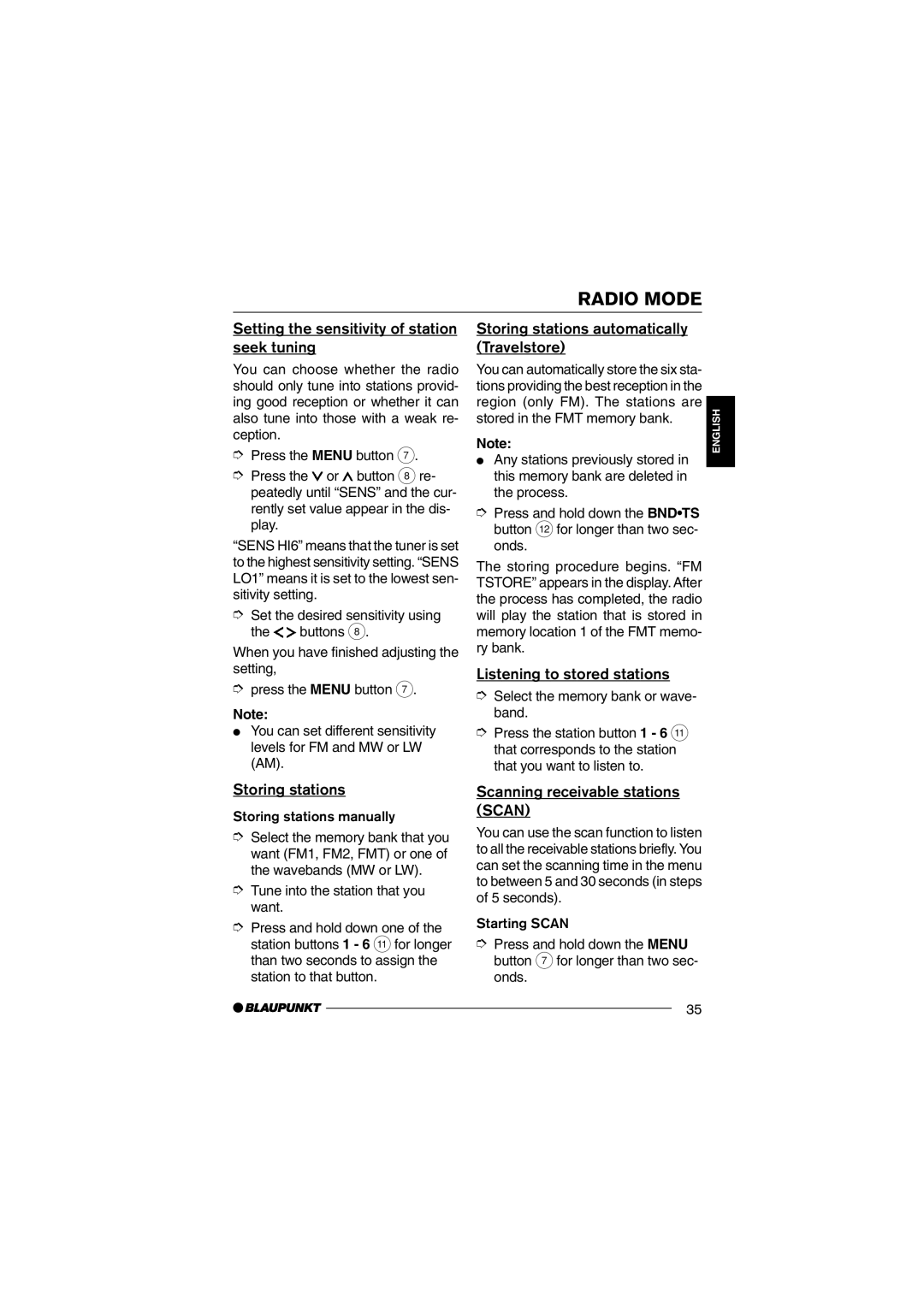 Blaupunkt CD36 Setting the sensitivity of station seek tuning, Storing stations, Listening to stored stations 