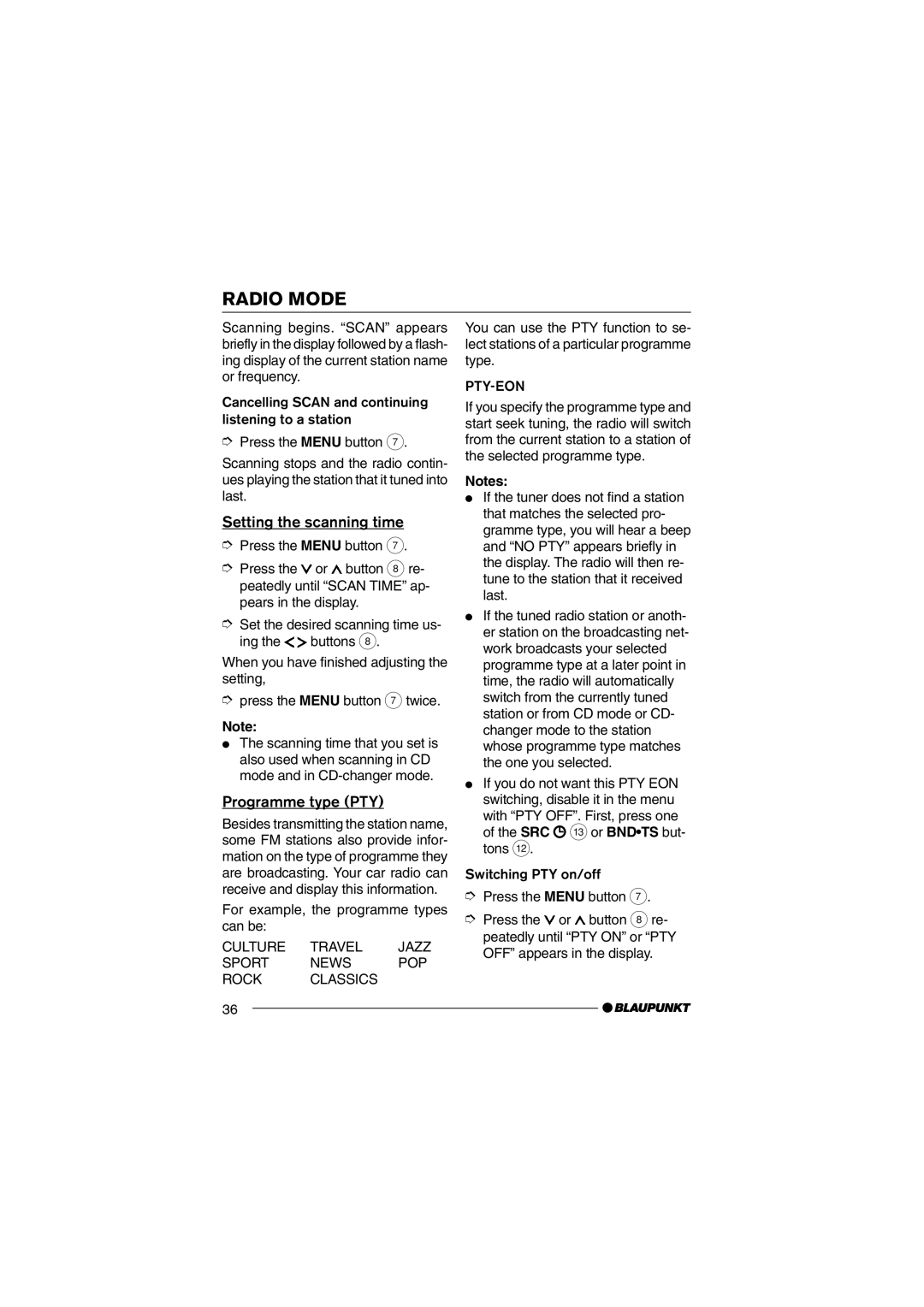 Blaupunkt CD36 Setting the scanning time, Programme type PTY, For example, the programme types can be 