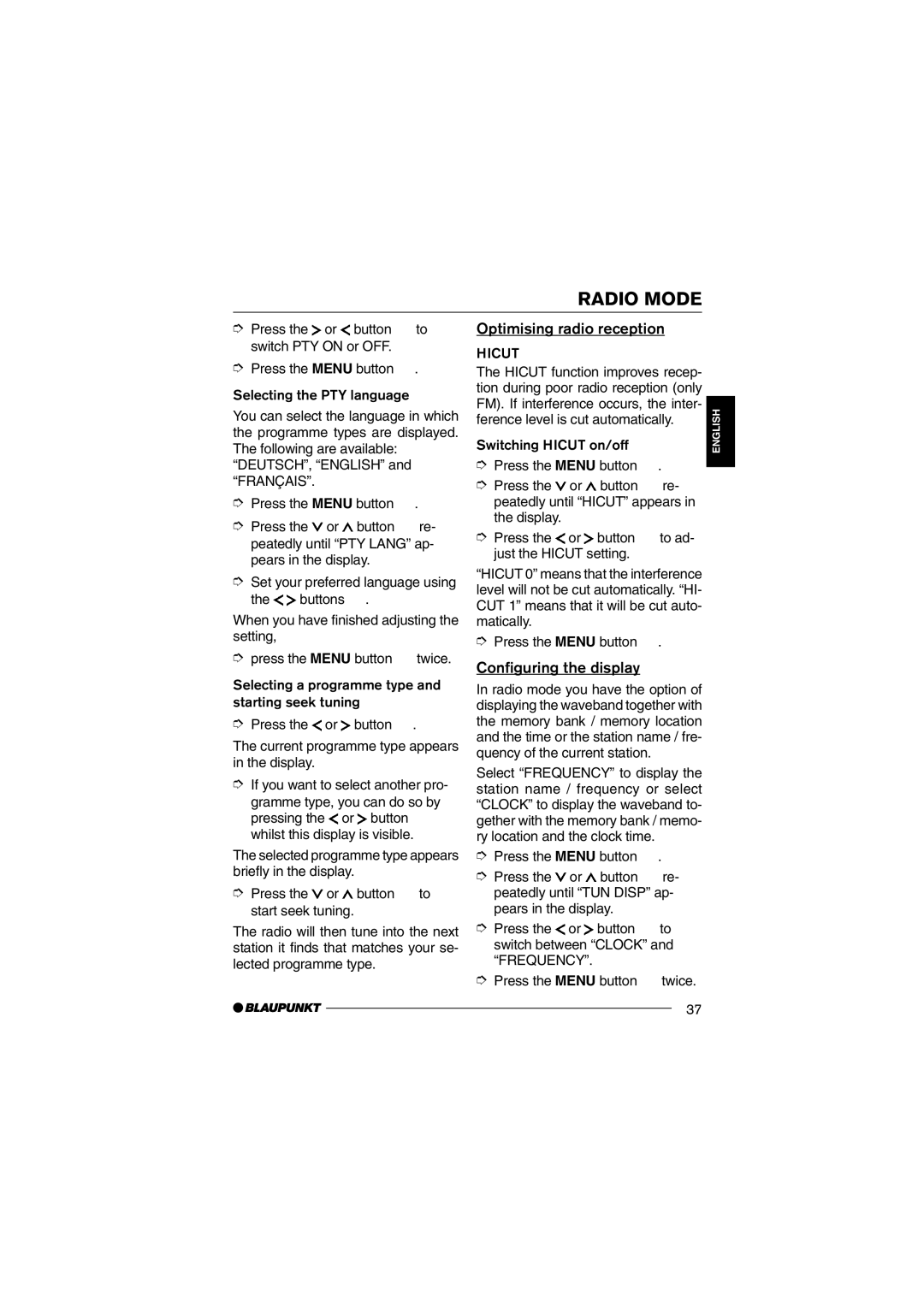 Blaupunkt CD36 operating instructions Optimising radio reception, Configuring the display 