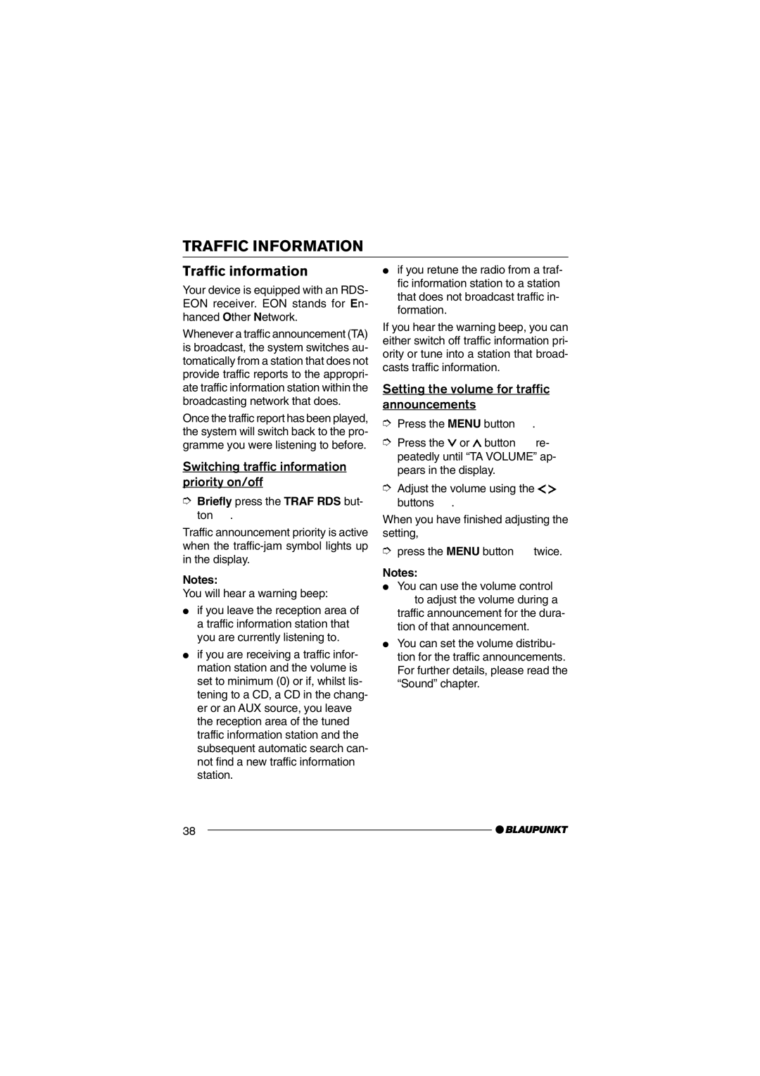 Blaupunkt CD36 Traffic Information, Traffic information, Switching traffic information priority on/off 