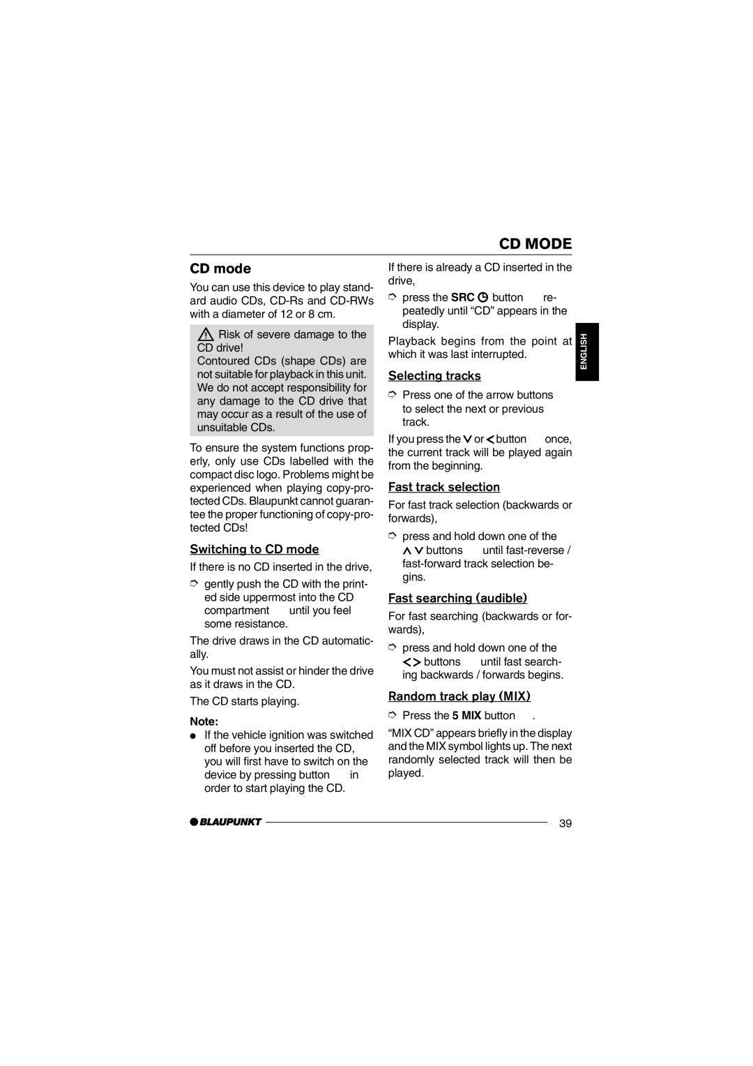 Blaupunkt CD36 operating instructions CD Mode, CD mode 