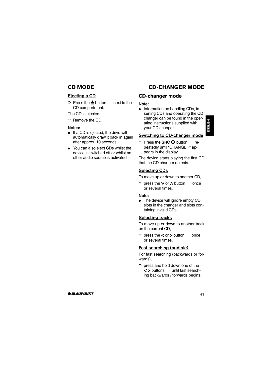 Blaupunkt CD36 CD Mode CD-CHANGER Mode, Ejecting a CD, Switching to CD-changer mode, Selecting CDs 