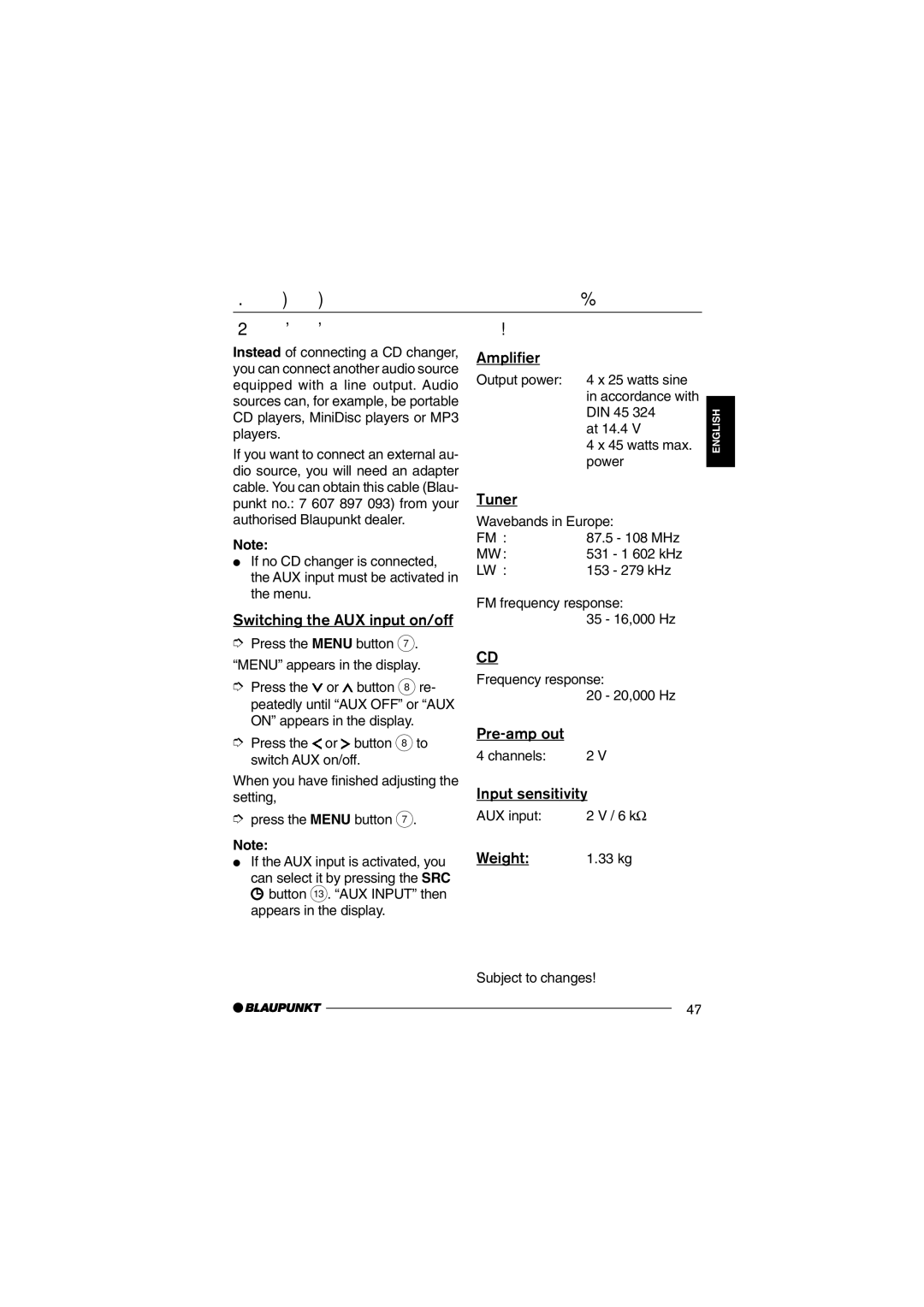 Blaupunkt CD36 operating instructions External Audio Sources, Specifications, External audio sources 