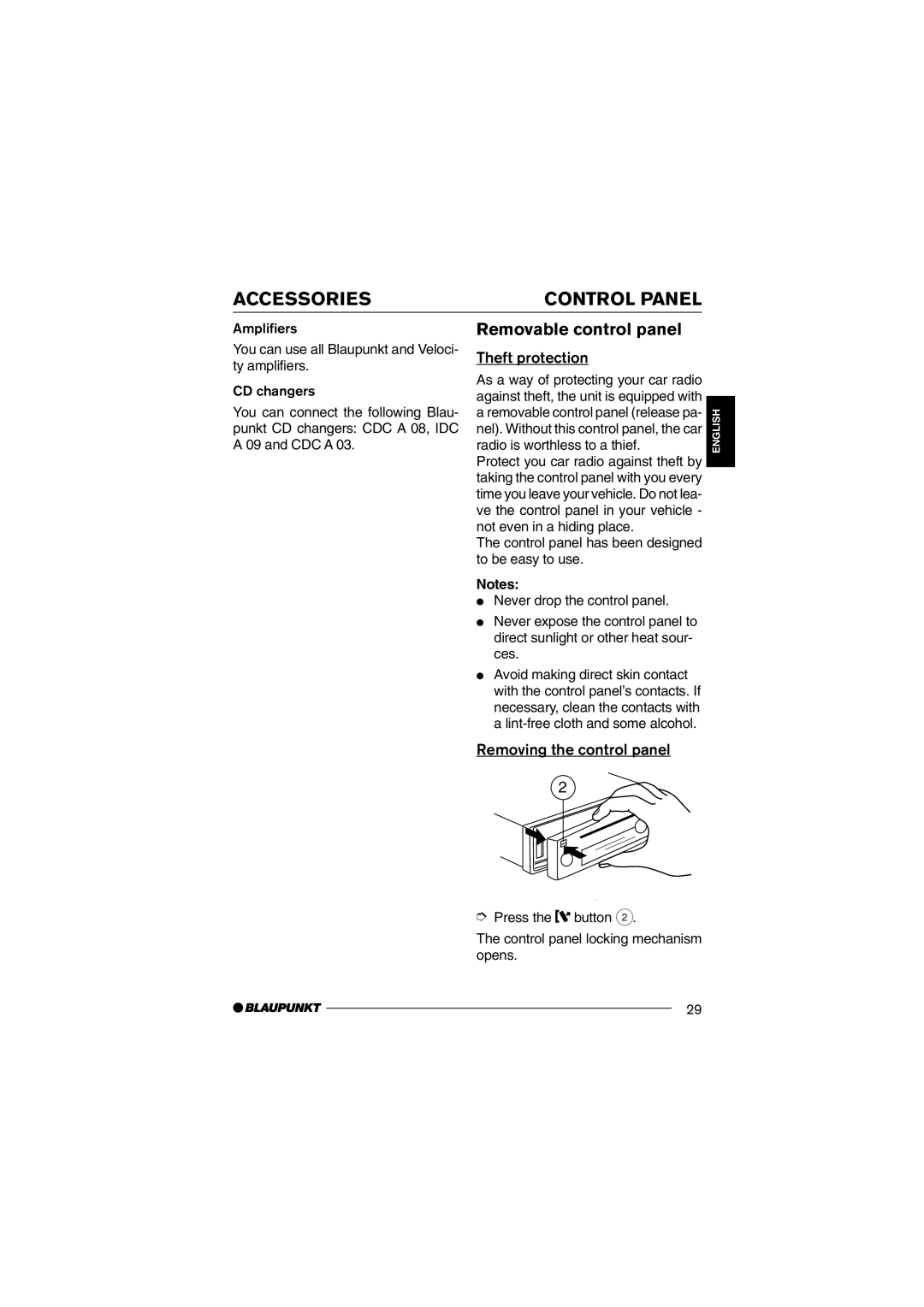 Blaupunkt CD36 Accessories, Control Panel, Removable control panel, Theft protection, Removing the control panel 