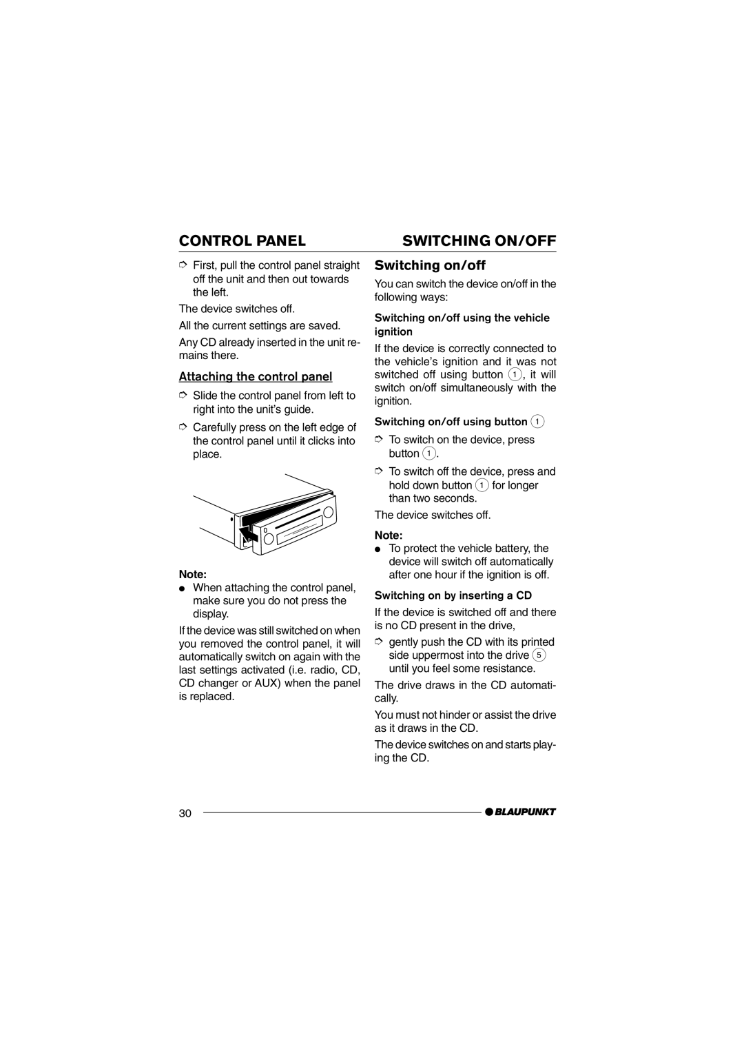 Blaupunkt CD36 operating instructions Control Panel Switching ON/OFF, Switching on/off, Attaching the control panel 