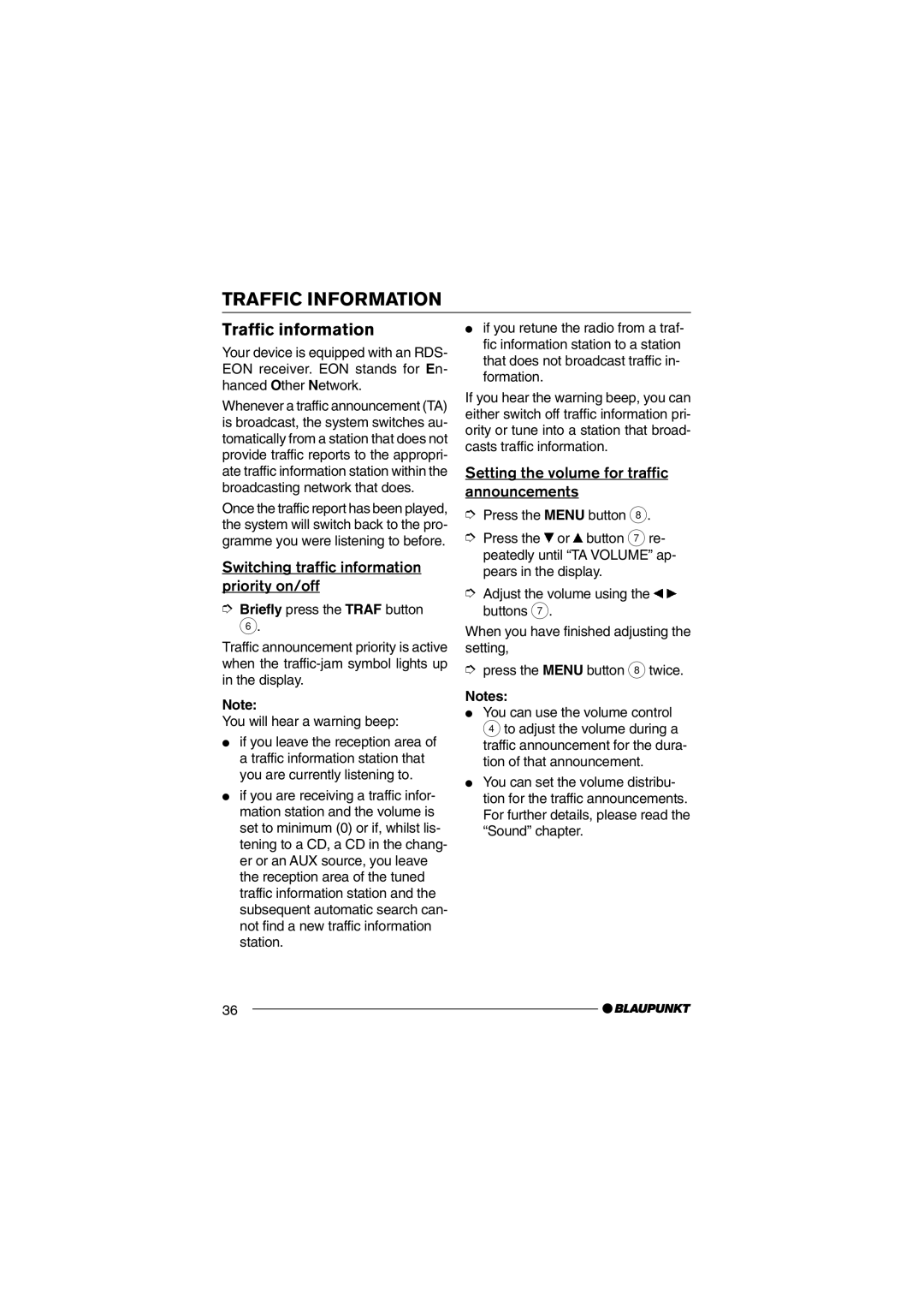 Blaupunkt CD36 Traffic Information, Traffic information, Switching traffic information priority on/off 