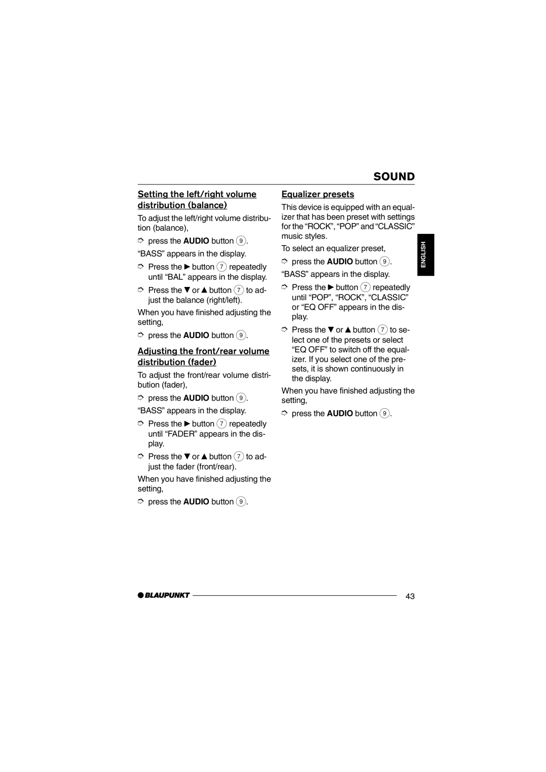 Blaupunkt CD36 Setting the left/right volume distribution balance, Adjusting the front/rear volume distribution fader 