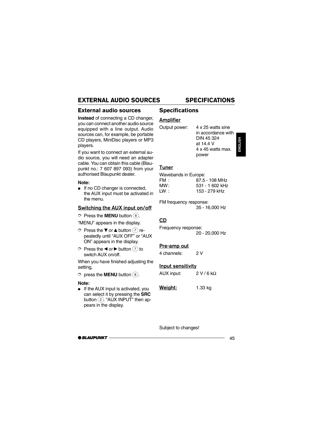 Blaupunkt CD36 operating instructions External Audio Sources, External audio sources, Specifications 