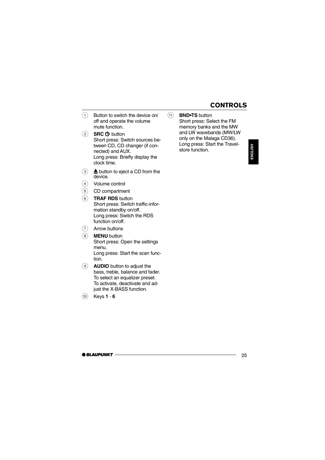 Blaupunkt CD36 operating instructions Controls, Keys 1 