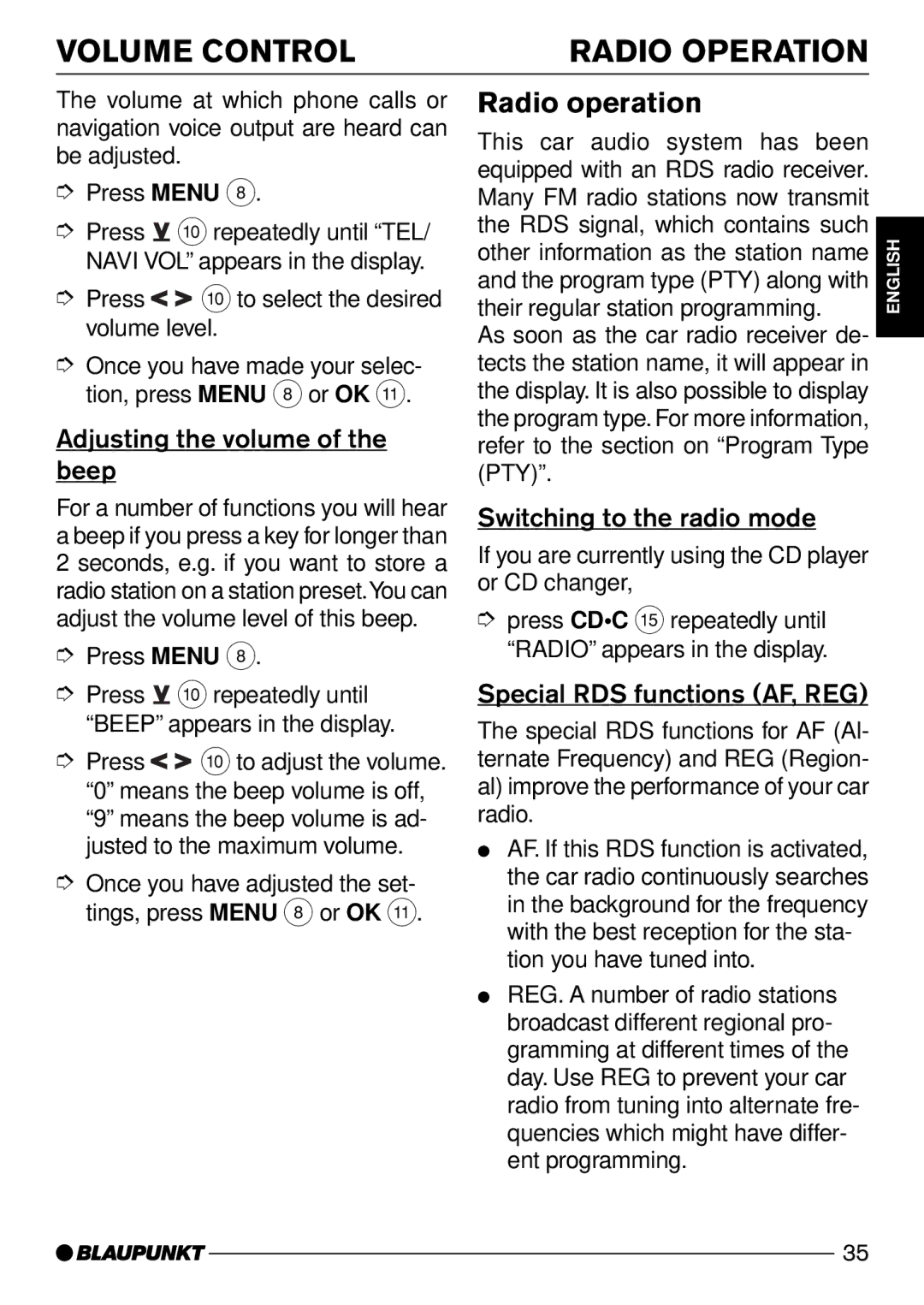 Blaupunkt CD50 Radio Operation, Radio operation, Adjusting the volume of the beep, Switching to the radio mode 