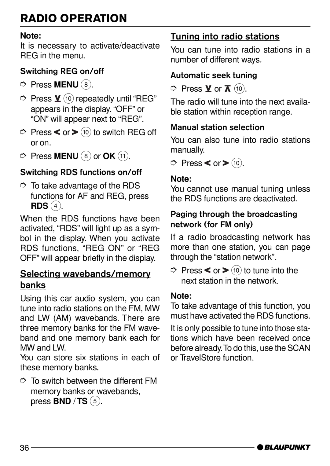 Blaupunkt CD50 operating instructions Tuning into radio stations, Selecting wavebands/memory, Banks 