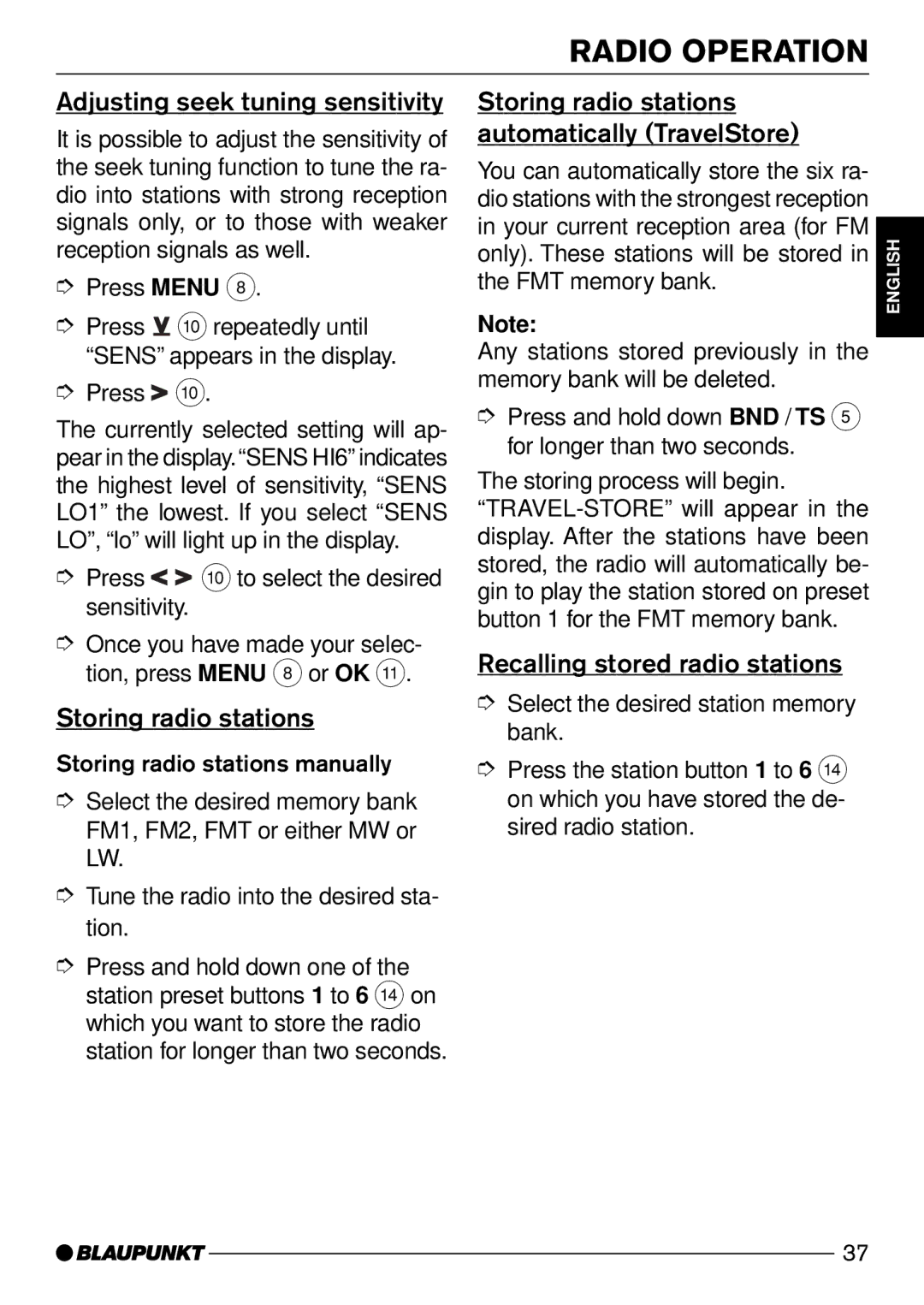 Blaupunkt CD50 Adjusting seek tuning sensitivity, Storing radio stations automatically TravelStore 