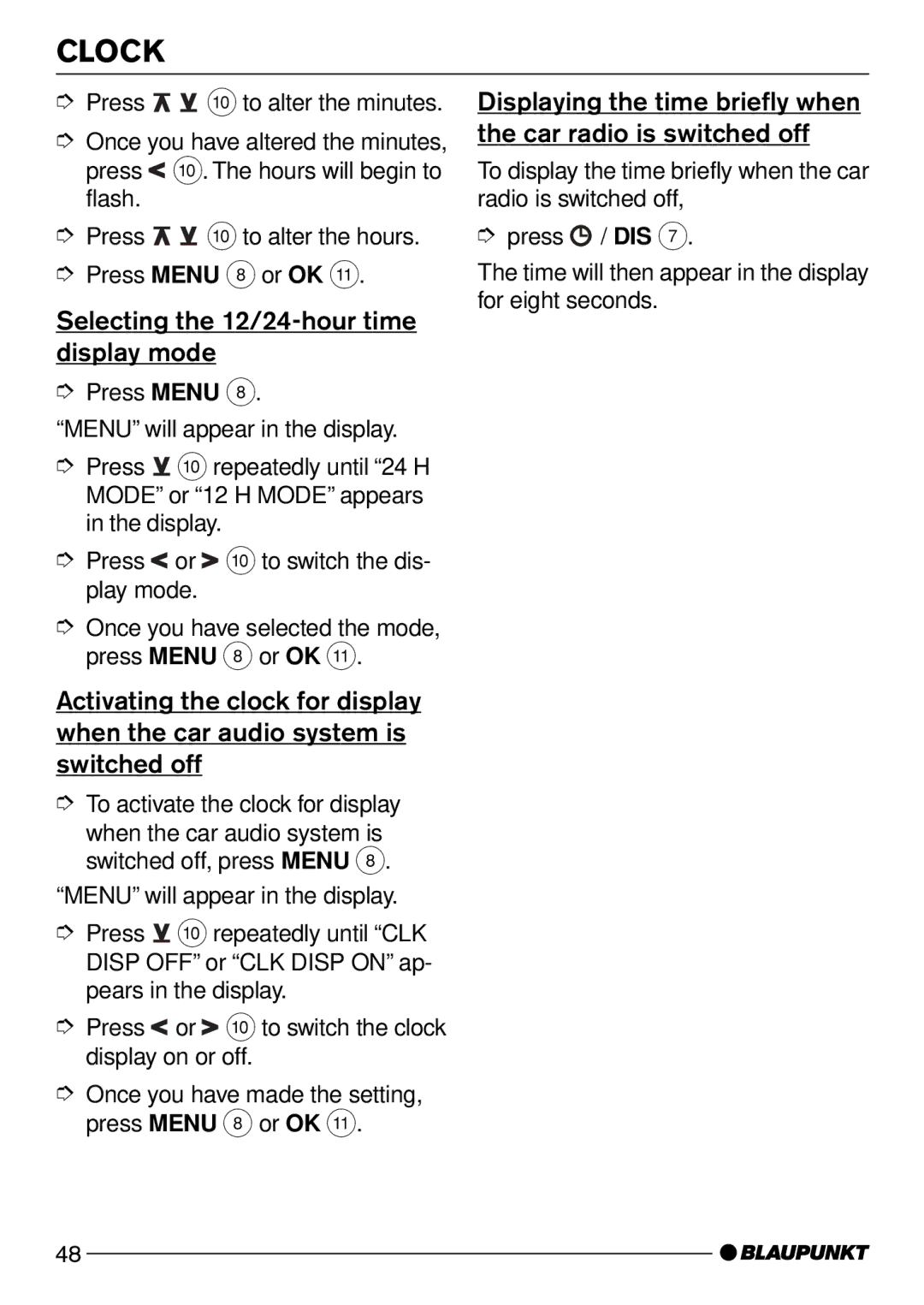 Blaupunkt CD50 operating instructions Clock, Selecting the 12/24-hour time display mode 