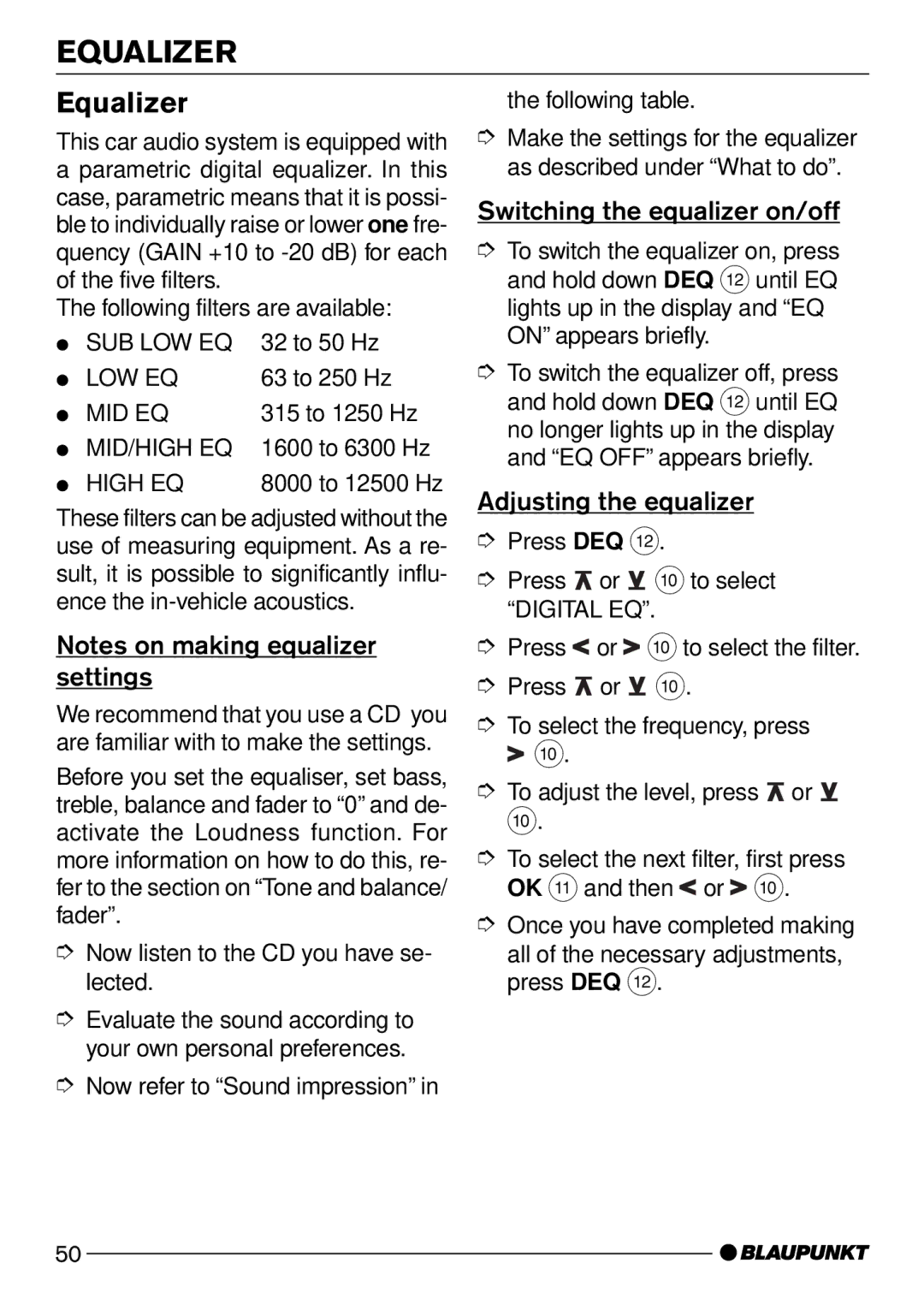 Blaupunkt CD50 operating instructions Equalizer, Switching the equalizer on/off, Adjusting the equalizer 