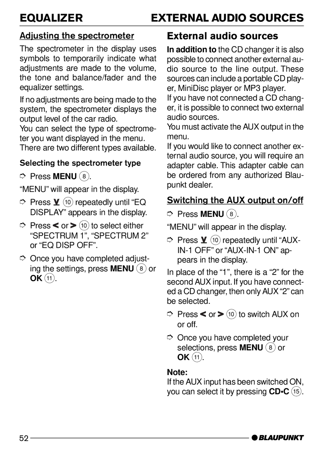 Blaupunkt CD50 operating instructions External audio sources, Adjusting the spectrometer, Switching the AUX output on/off 