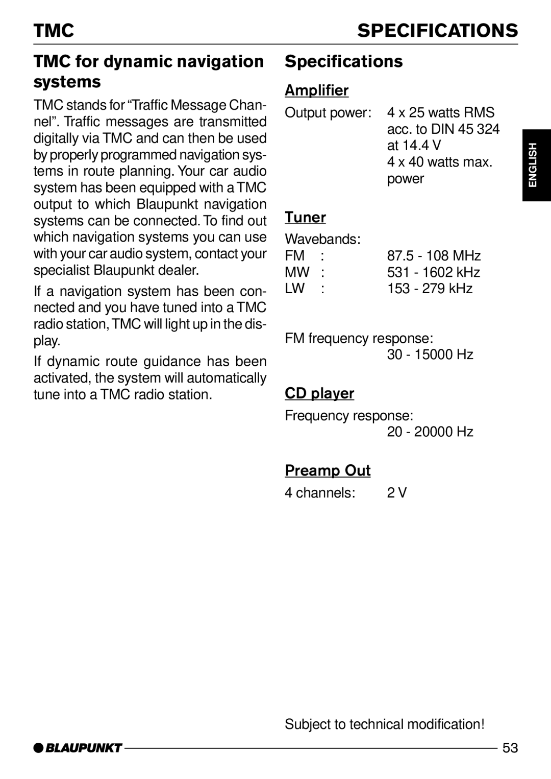 Blaupunkt CD50 operating instructions TMC Specifications, TMC for dynamic navigation systems 