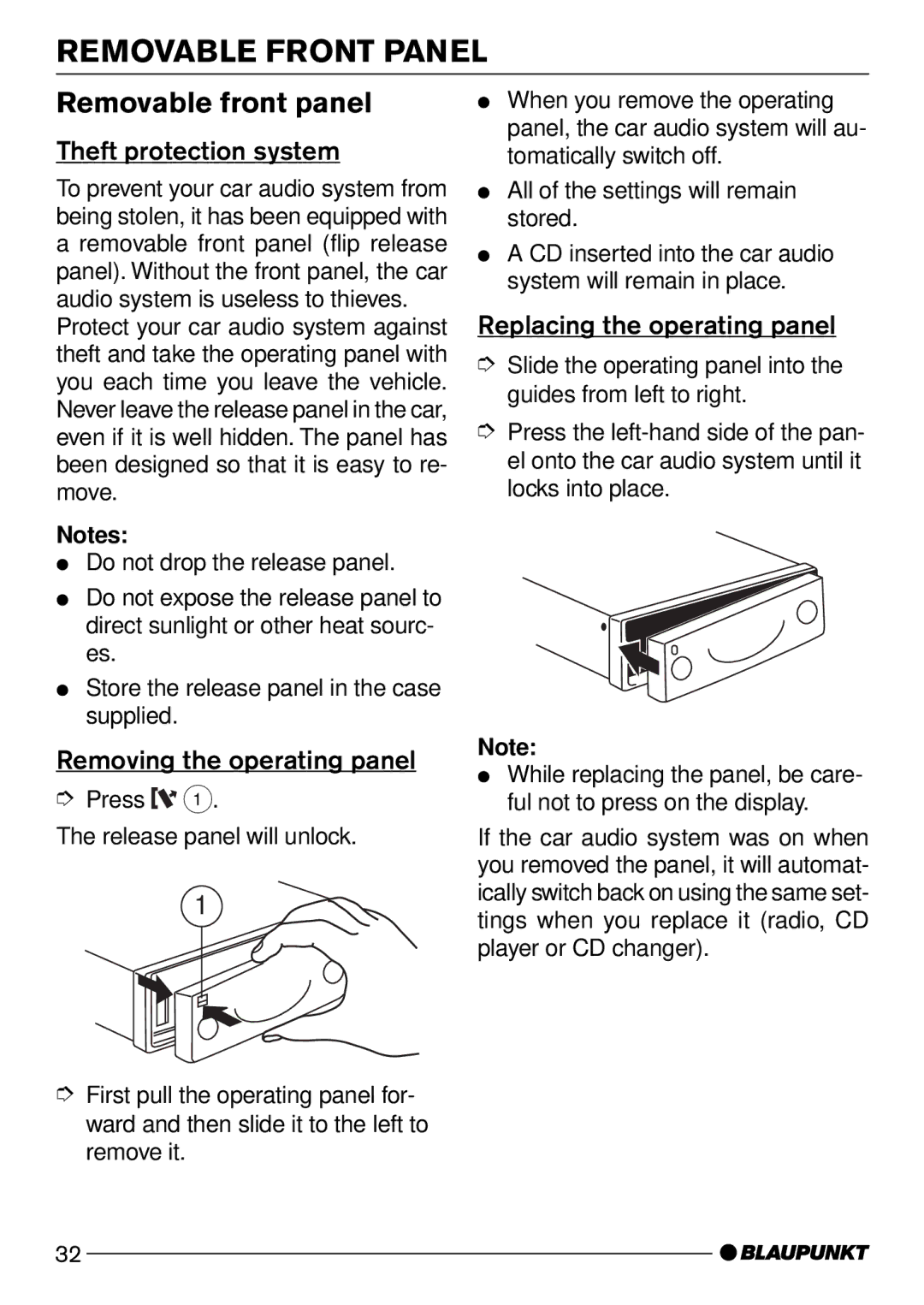 Blaupunkt CD50 Removable Front Panel, Removable front panel, Theft protection system, Removing the operating panel 