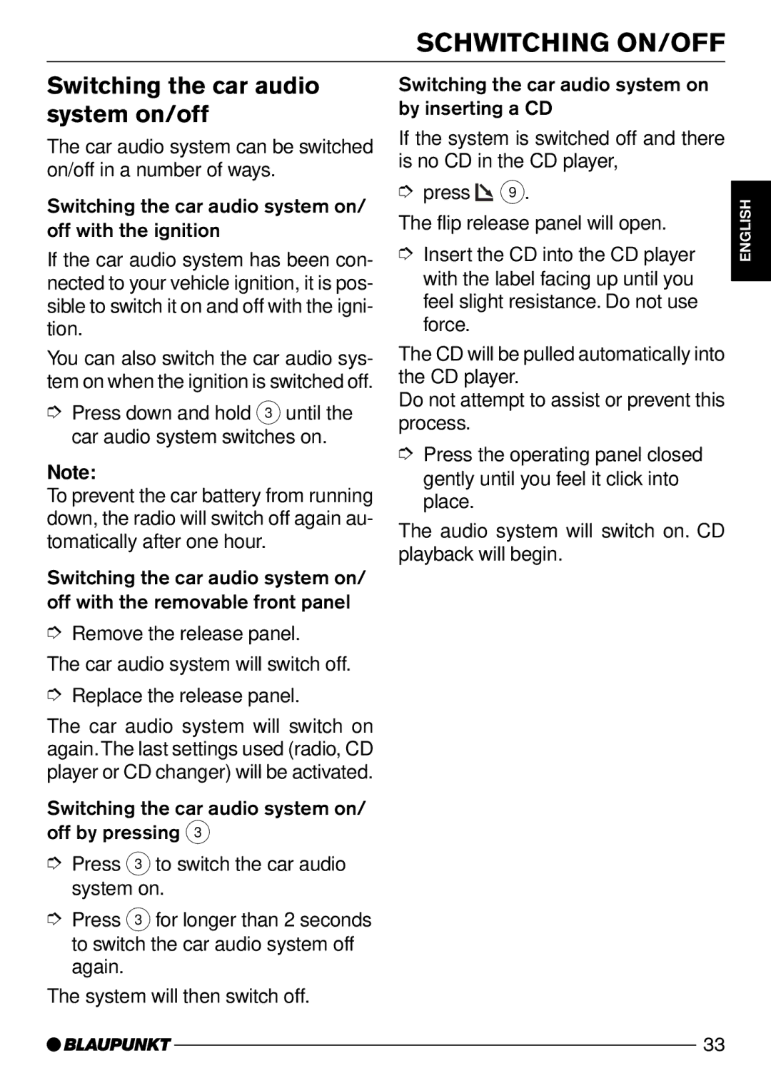 Blaupunkt CD50 operating instructions Schwitching ON/OFF, Switching the car audio system on/off 