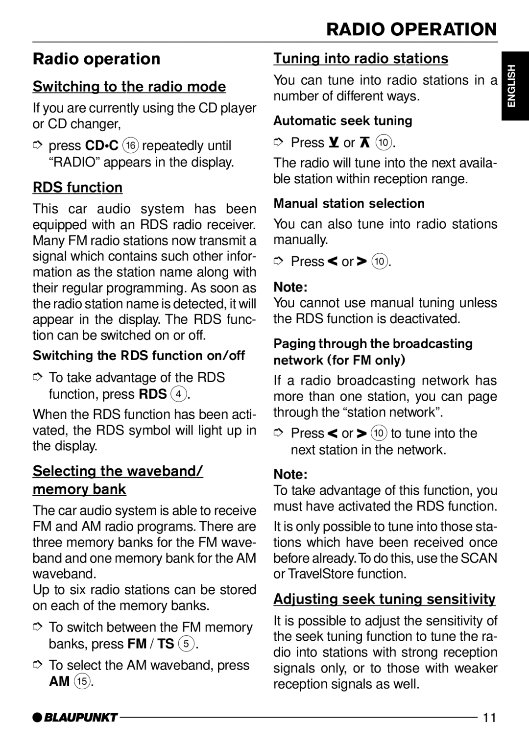 Blaupunkt CD50 operating instructions Radio Operation, Radio operation 