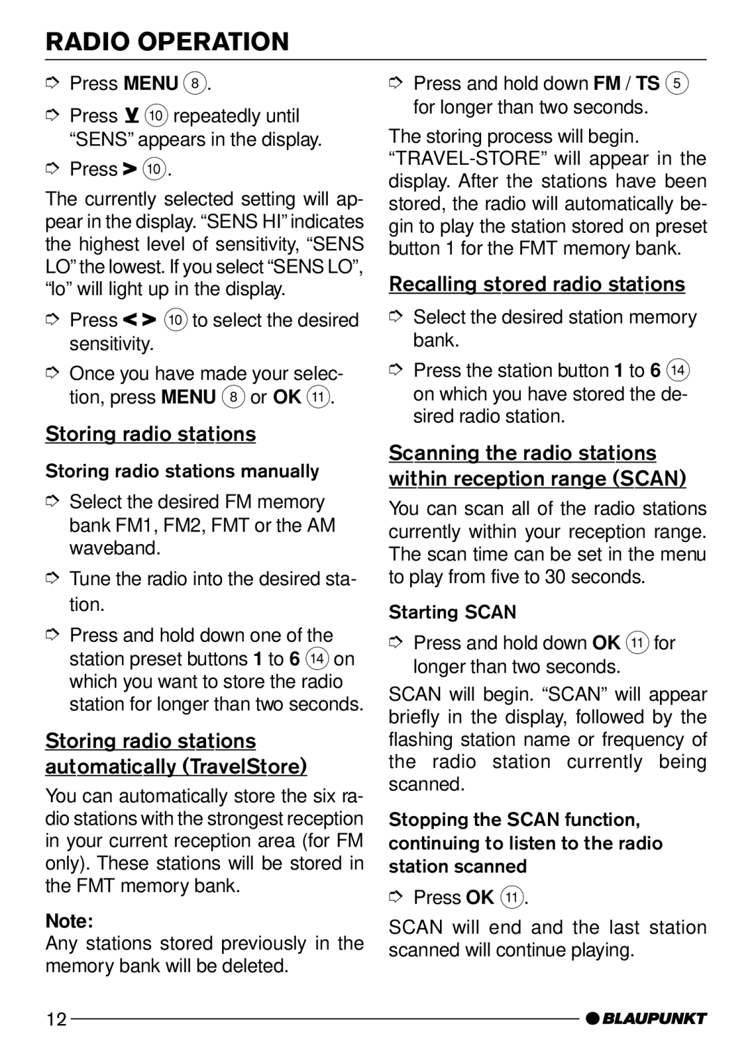 Blaupunkt CD50 operating instructions Storing radio stations automatically TravelStore, Recalling stored radio stations 