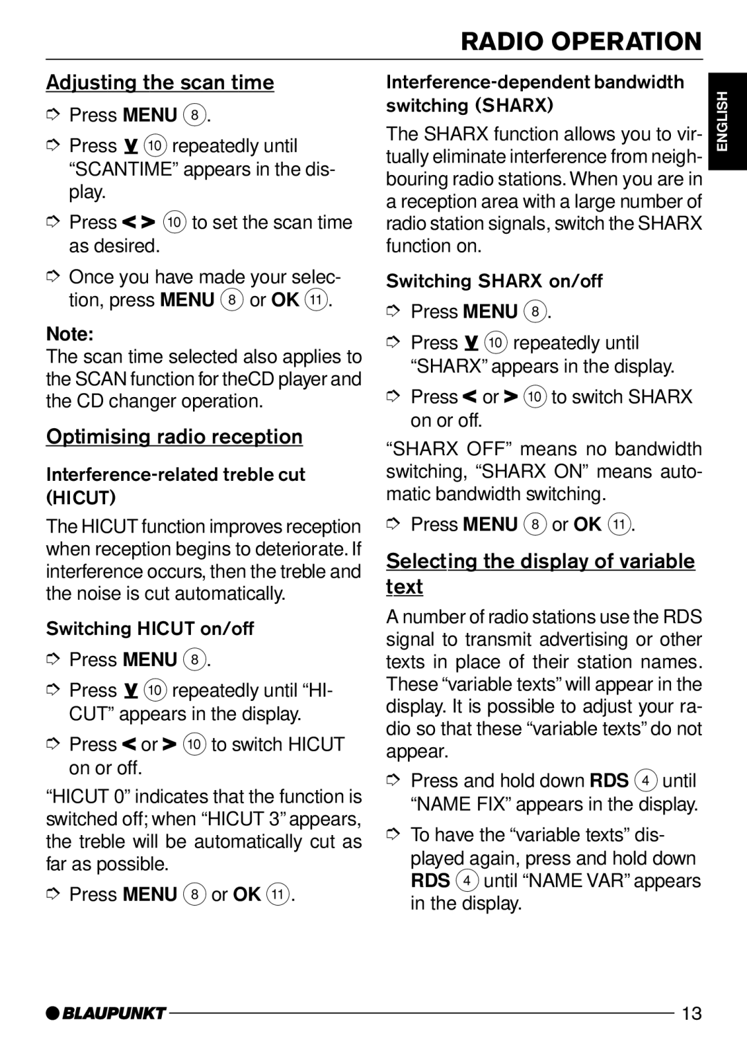 Blaupunkt CD50 Adjusting the scan time, Optimising radio reception, Selecting the display of variable text 