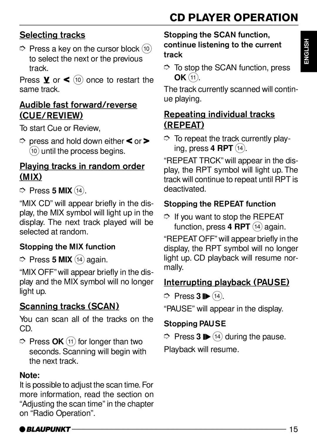 Blaupunkt CD50 operating instructions CD Player Operation 