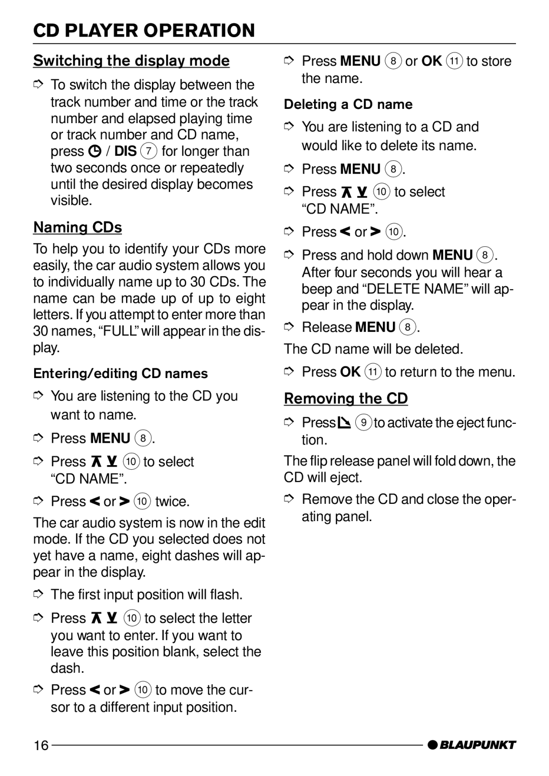 Blaupunkt CD50 operating instructions Switching the display mode, Naming CDs, Removing the CD 