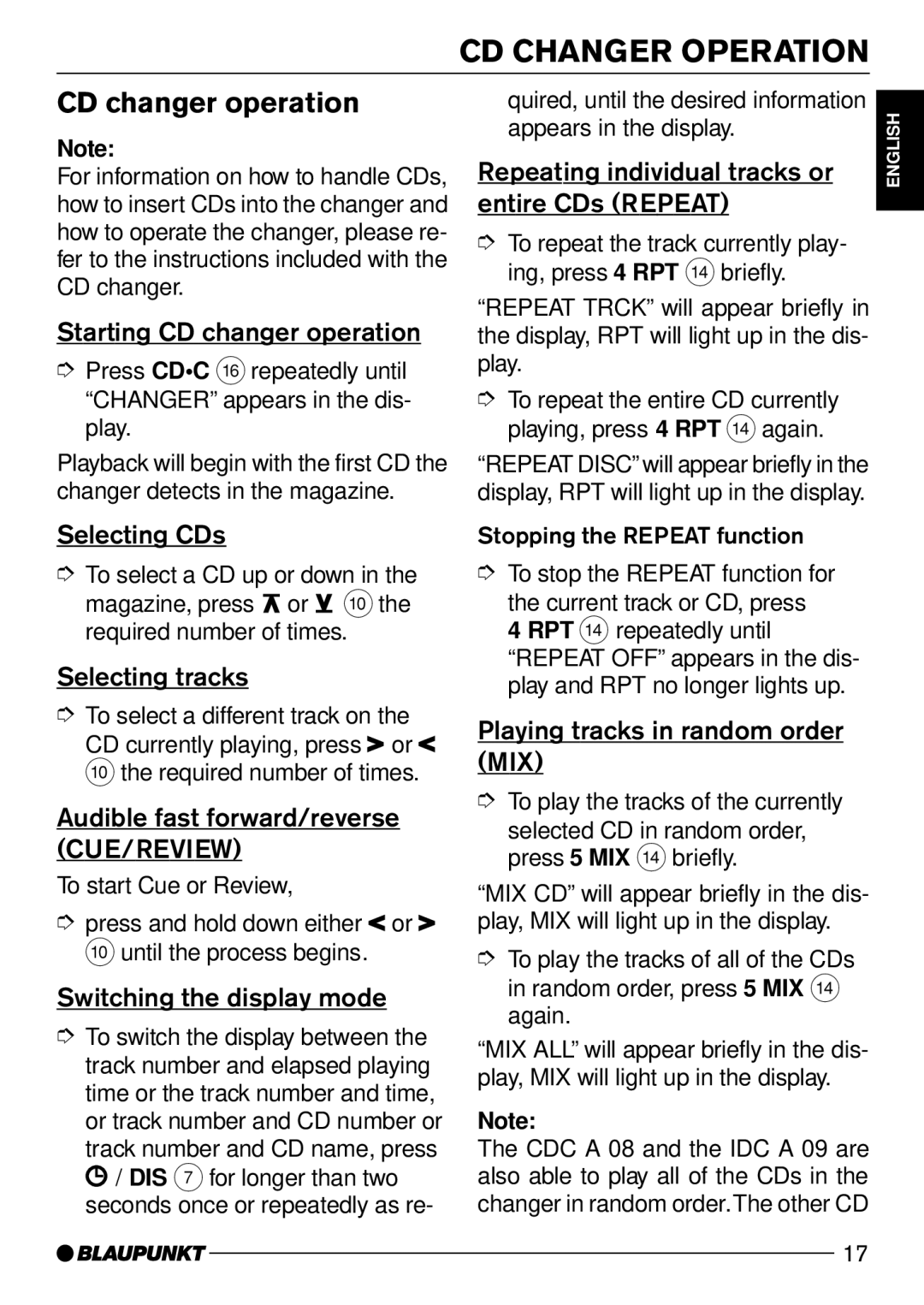 Blaupunkt CD50 operating instructions CD Changer Operation, Starting CD changer operation, Selecting CDs 