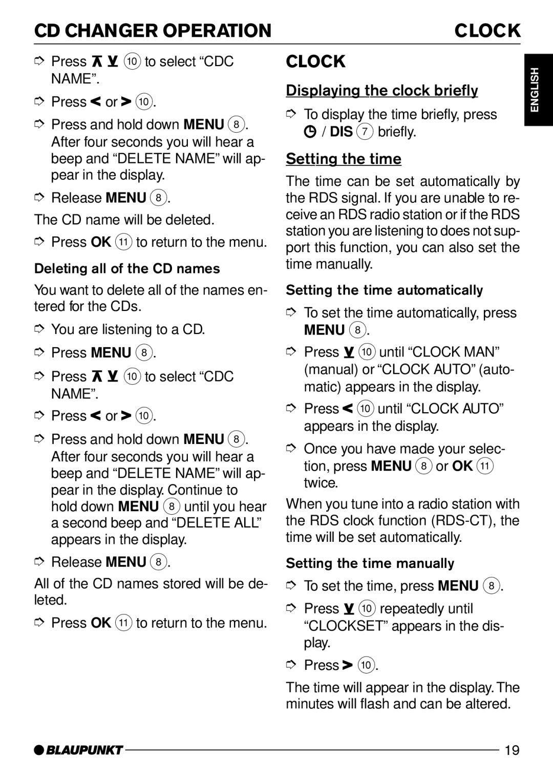 Blaupunkt CD50 operating instructions Displaying the clock briefly, Setting the time 