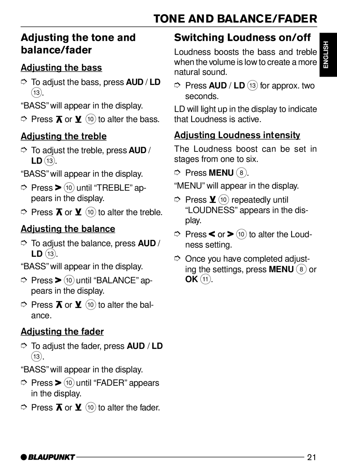 Blaupunkt CD50 Tone and BALANCE/FADER, Adjusting the tone and balance/fader, Switching Loudness on/off 