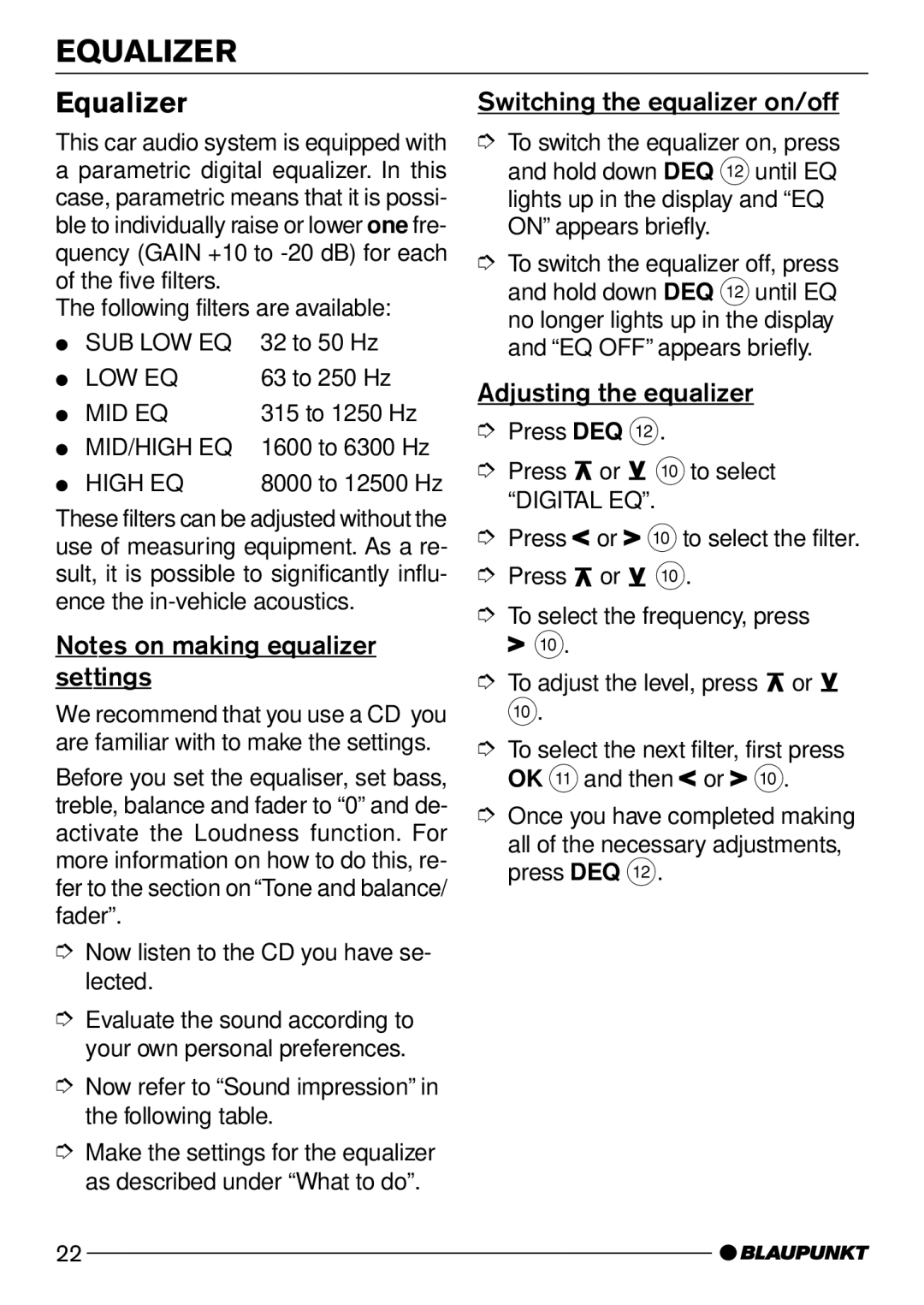 Blaupunkt CD50 operating instructions Equalizer, Switching the equalizer on/off, Adjusting the equalizer 