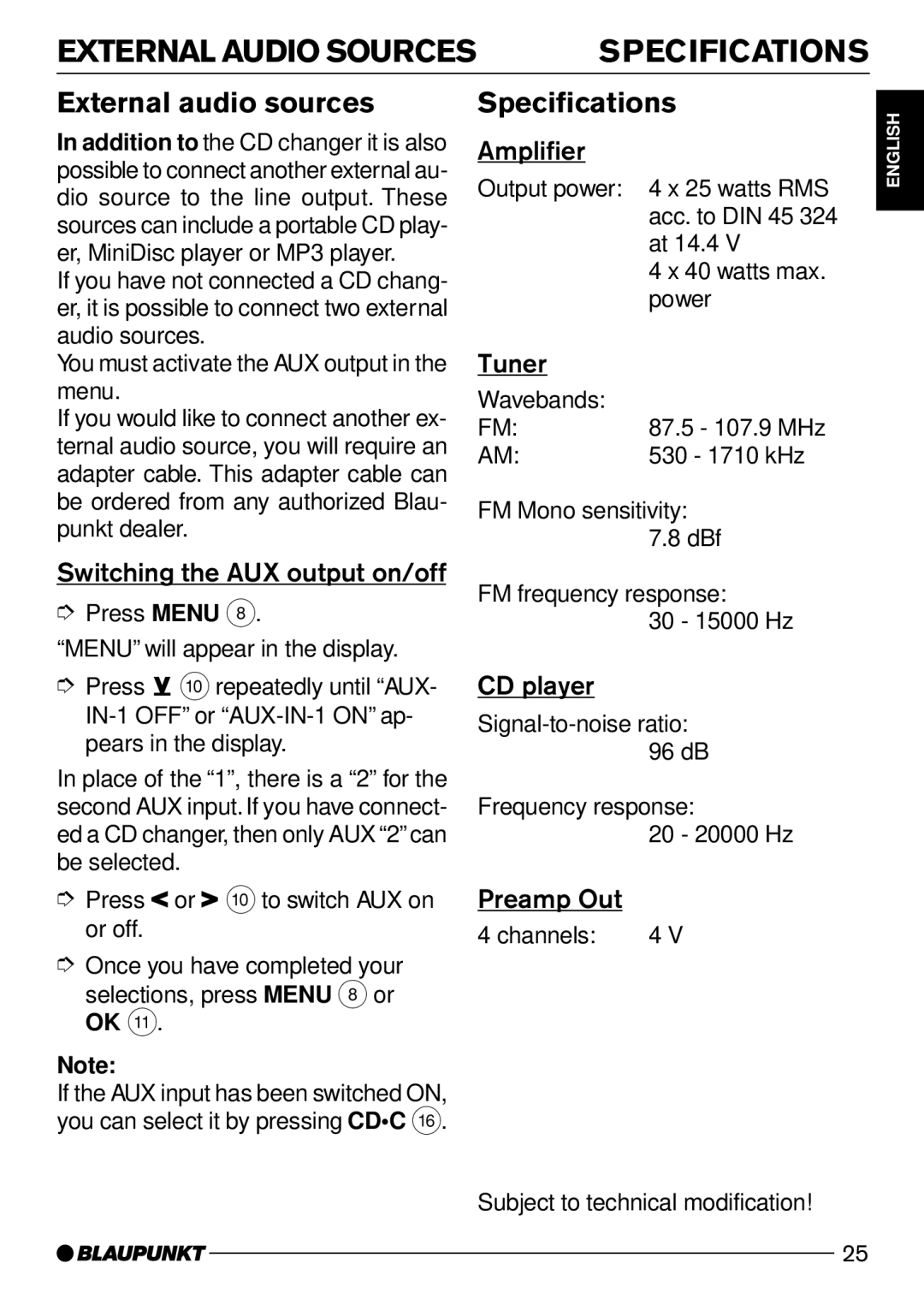 Blaupunkt CD50 operating instructions External Audio Sources Specifications, External audio sources 