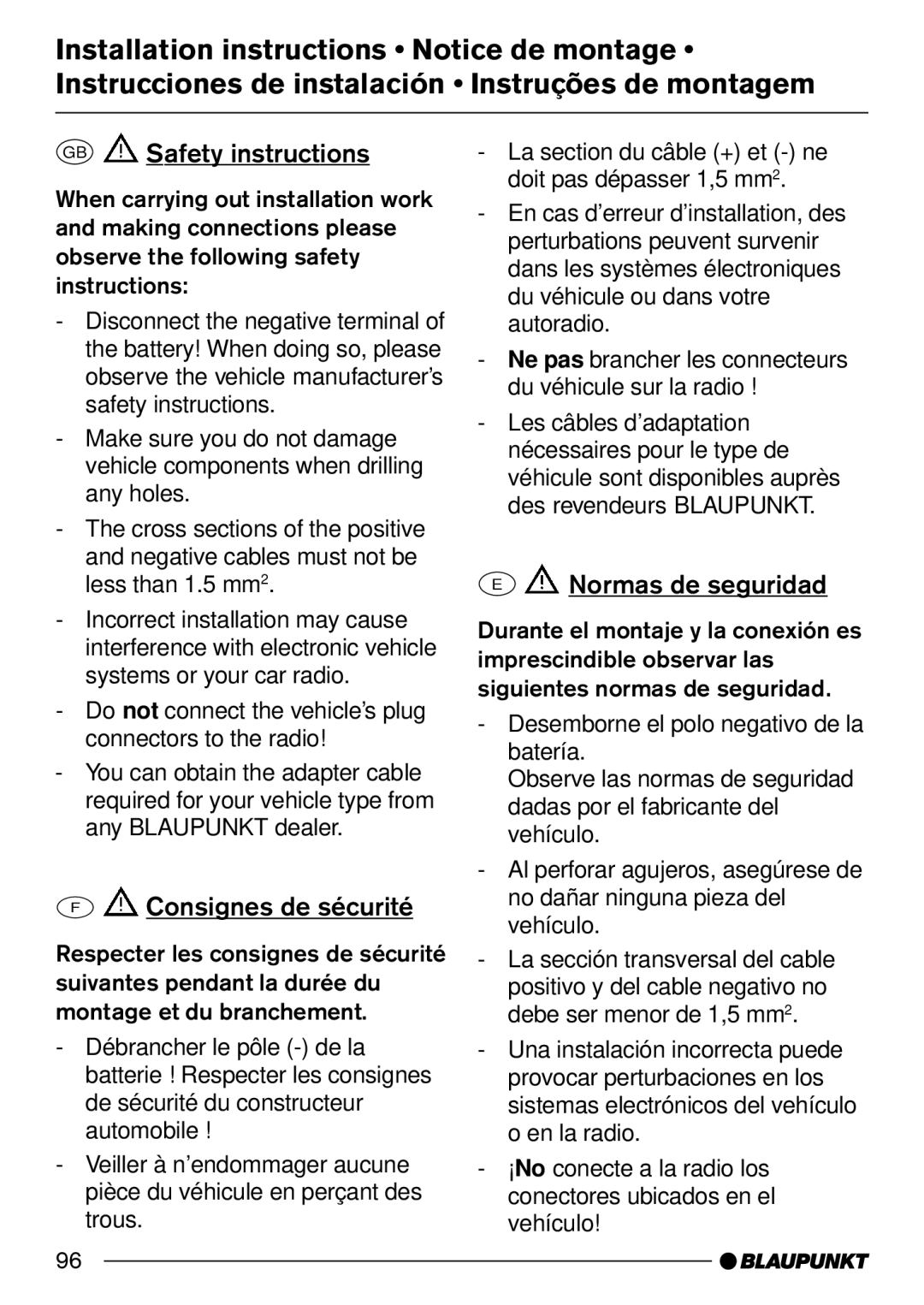 Blaupunkt CD50 operating instructions GB Safety instructions, Consignes de sécurité, Normas de seguridad 