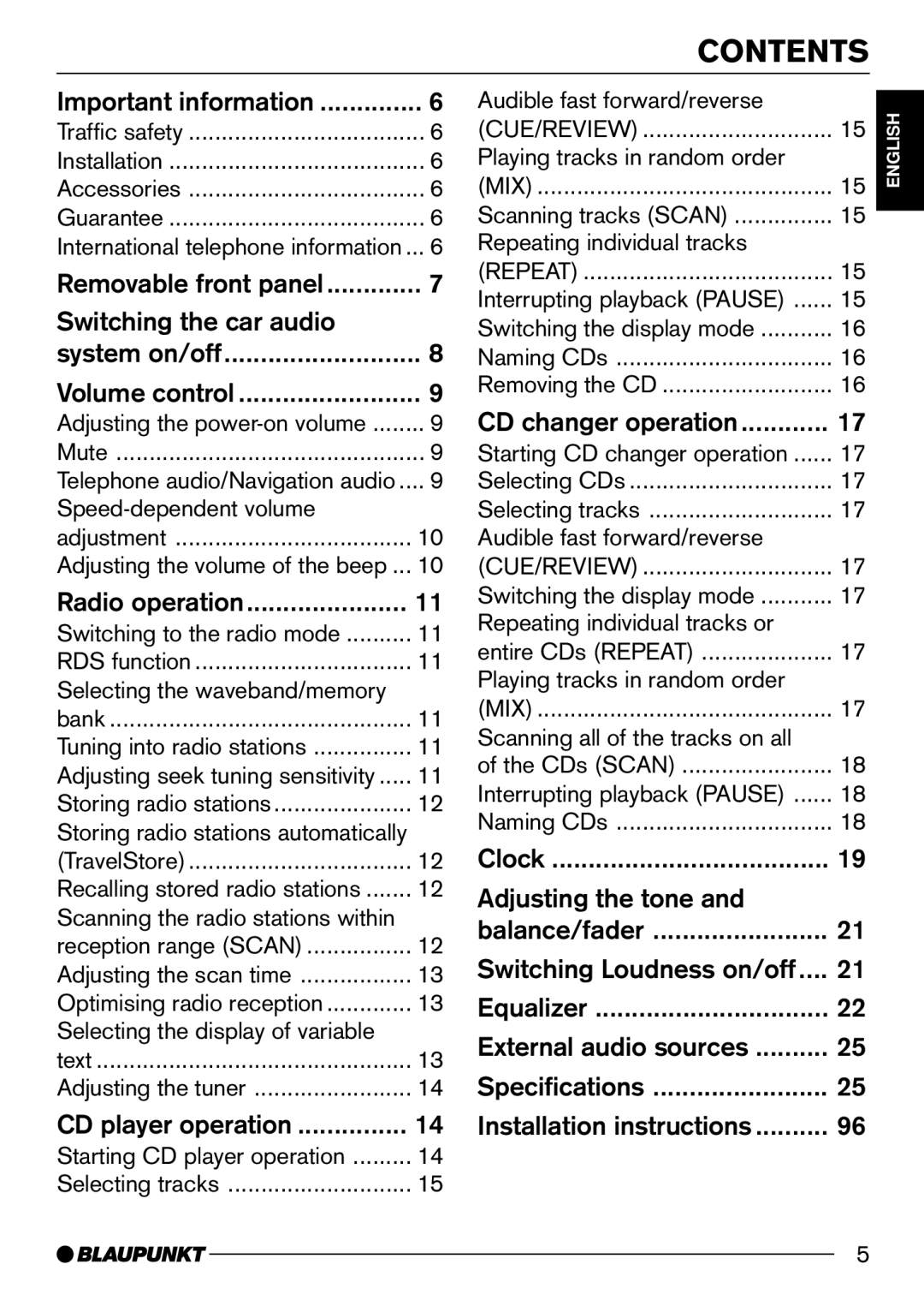 Blaupunkt CD50 operating instructions Contents 