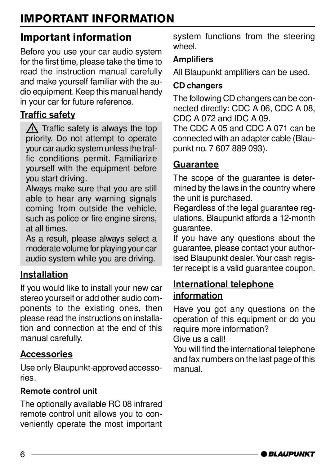 Blaupunkt CD50 operating instructions Important Information, Important information 