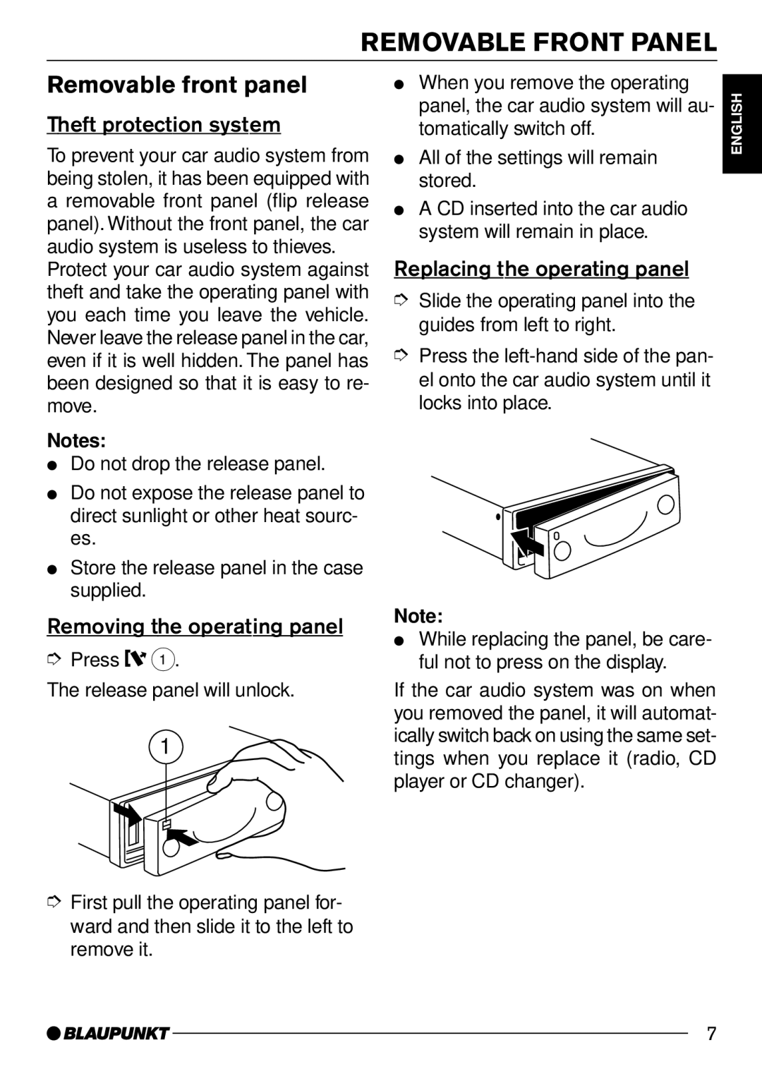 Blaupunkt CD50 Removable Front Panel, Removable front panel, Theft protection system, Removing the operating panel 