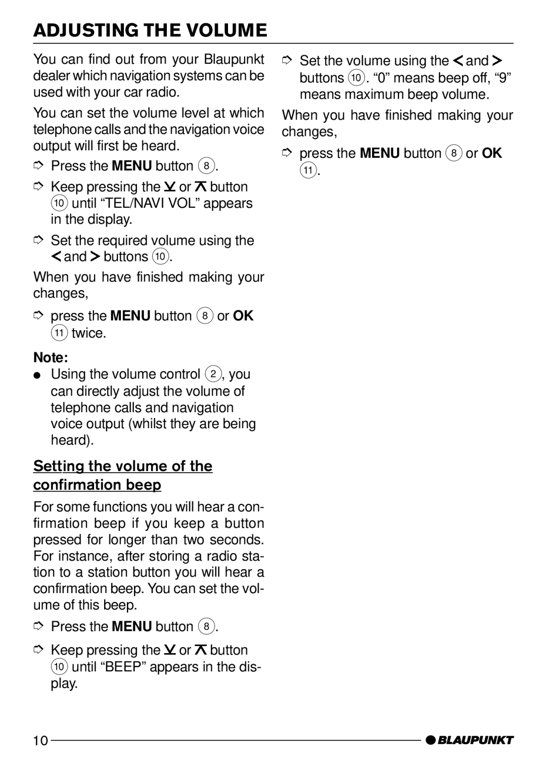 Blaupunkt Tampa Bay CD51 operating instructions Setting the volume of the confirmation beep 